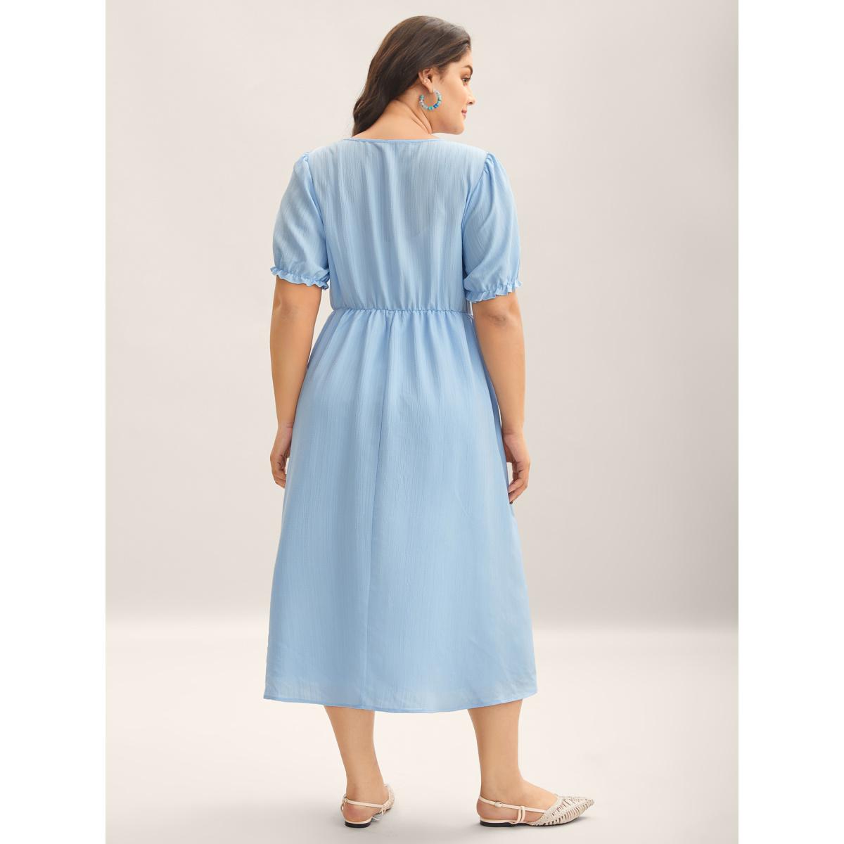 Plus Size V Neck Textured Lace Midi Dress LightBlue Women V-neck Short sleeve Curvy BloomChic 14-16/1X Product Image