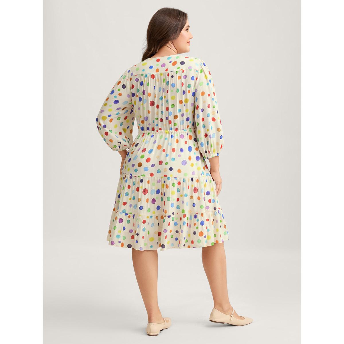 Plus Size Colorful Polka Dots Waist Drawstring Midi Dress Beige Women V-neck Elbow-length sleeve Curvy BloomChic 14-16/1X Product Image
