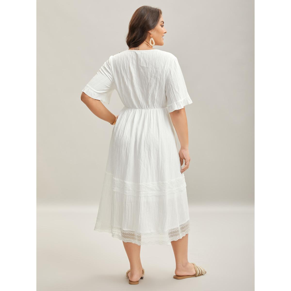 Plus Size Textured Cut-Out Lace Tied Midi Dress Beige Women Boho Woven ribbon&lace trim V-neck Half Sleeve Curvy BloomChic 18-20/2X Product Image