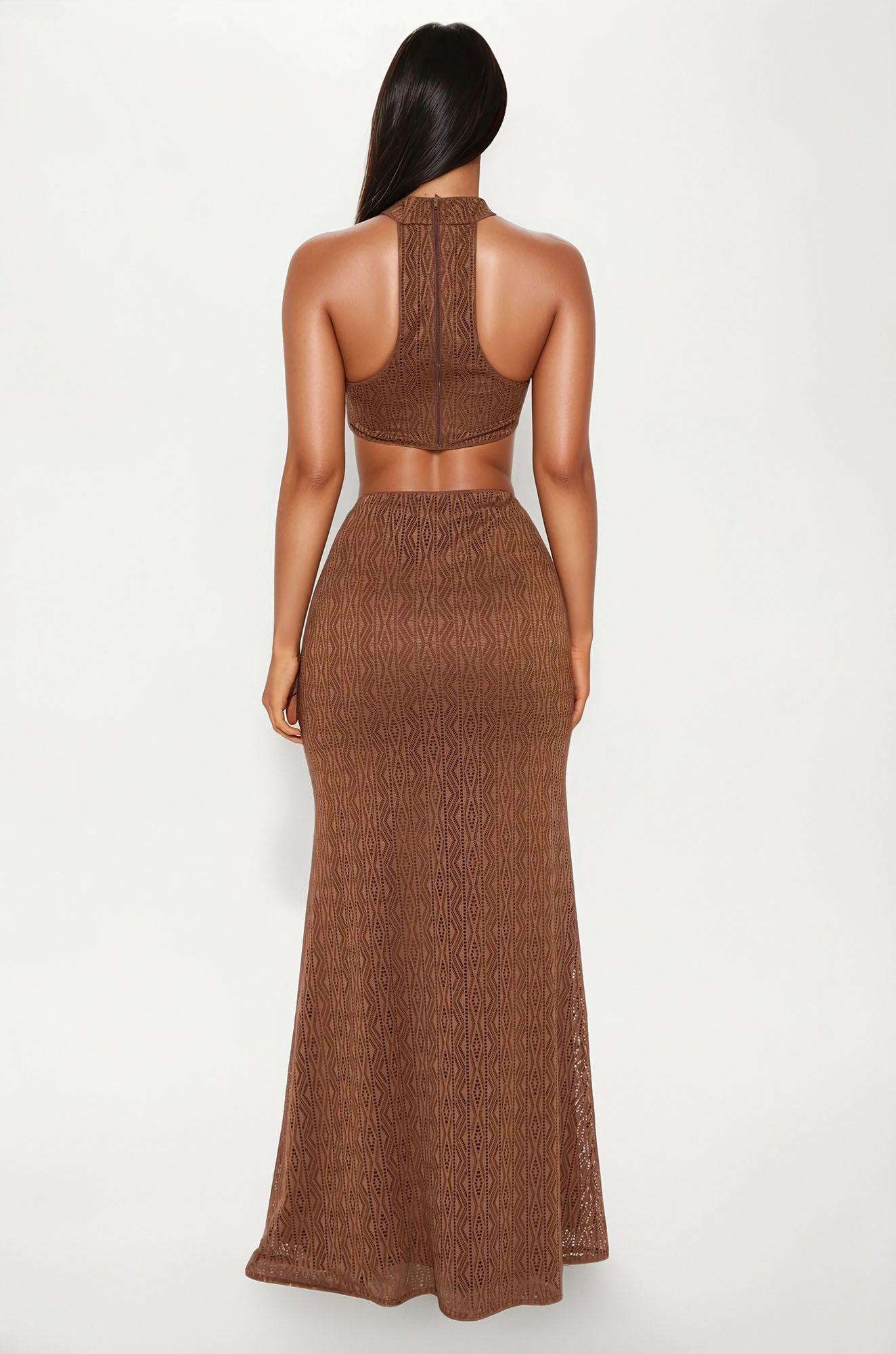 Savanna Escape Crochet Maxi Skirt Set - Brown Product Image