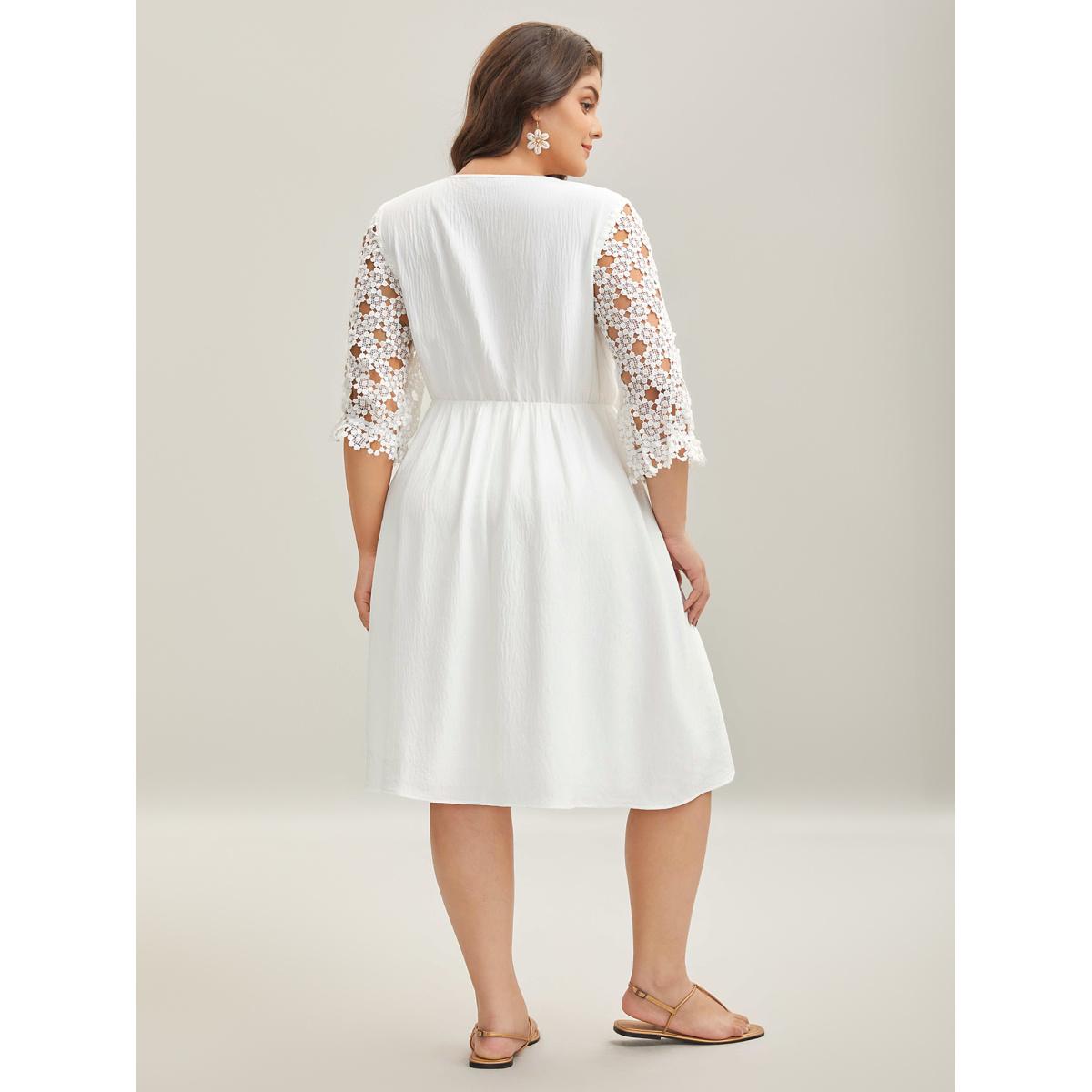 Plus Size Sheer Lace Sleeve Pockets Flowy Midi Dress Ivory Women V-neck Elbow-length sleeve Curvy BloomChic 10/M Product Image