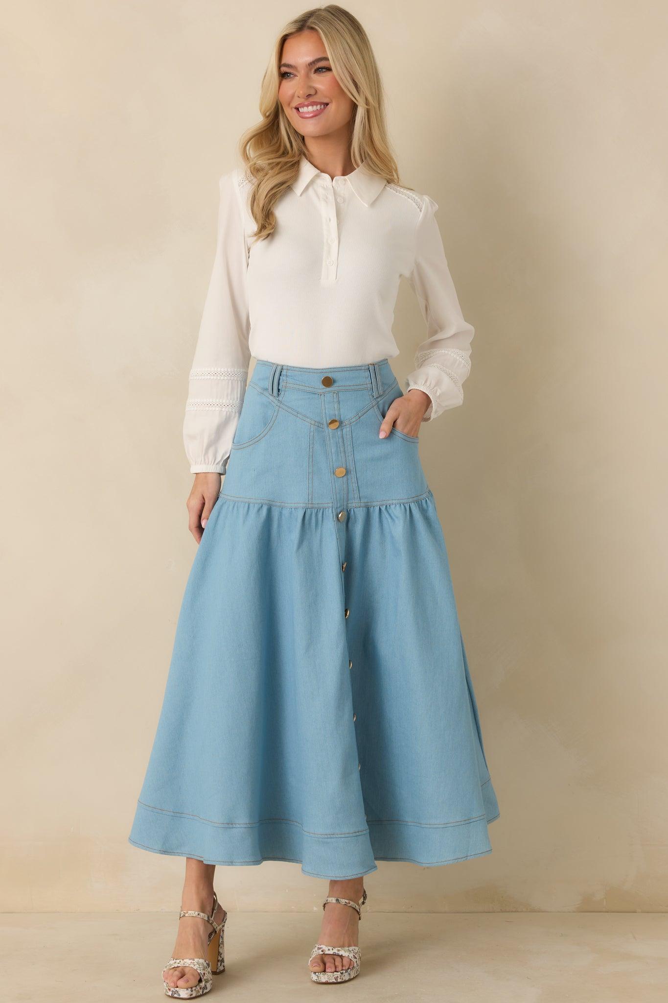 Town & Country Light Wash Denim Button-Down Maxi Skirt Product Image