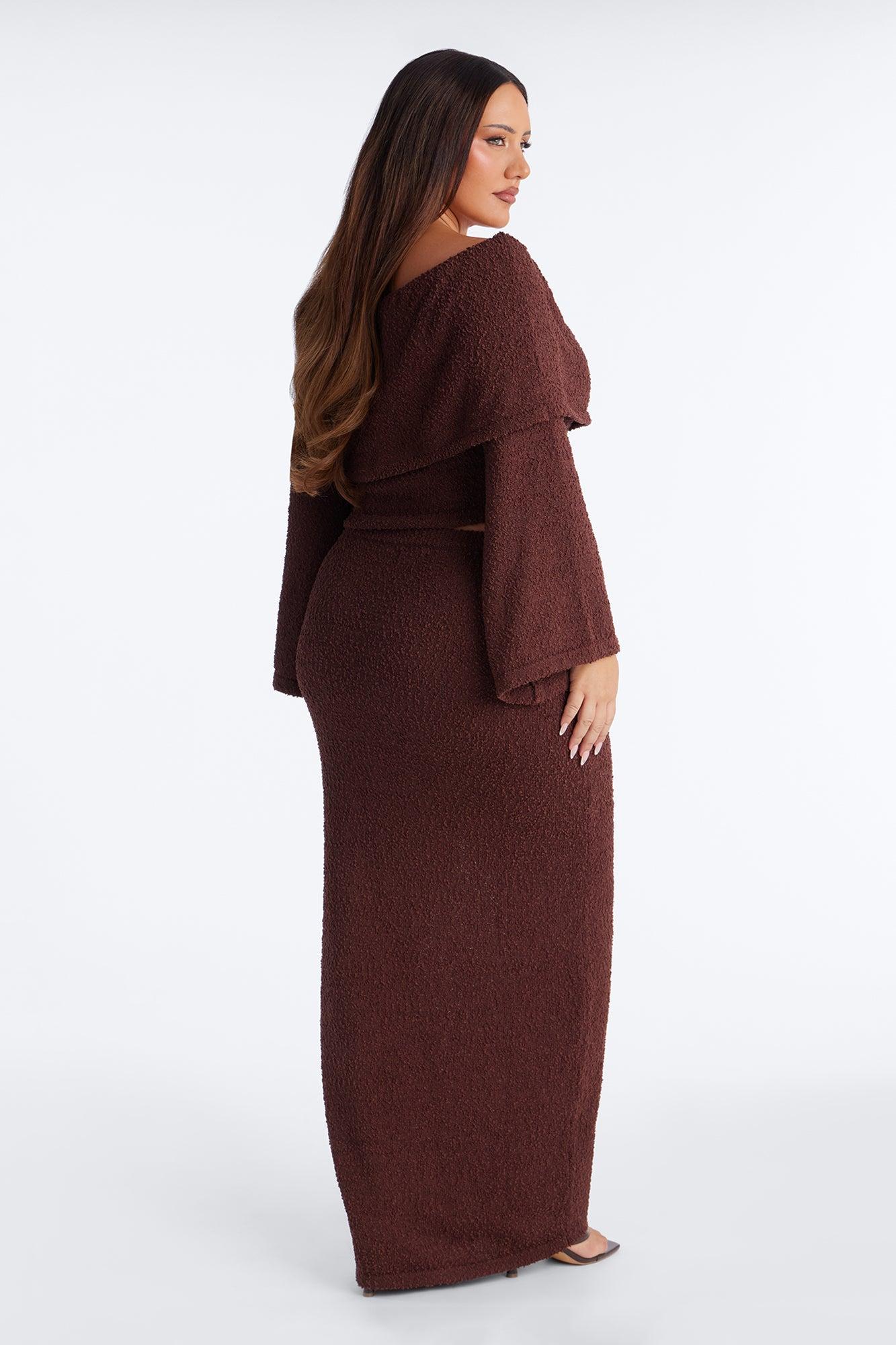 Double Date Off Shoulder Sweater Maxi Skirt Set - Chocolate Female Product Image