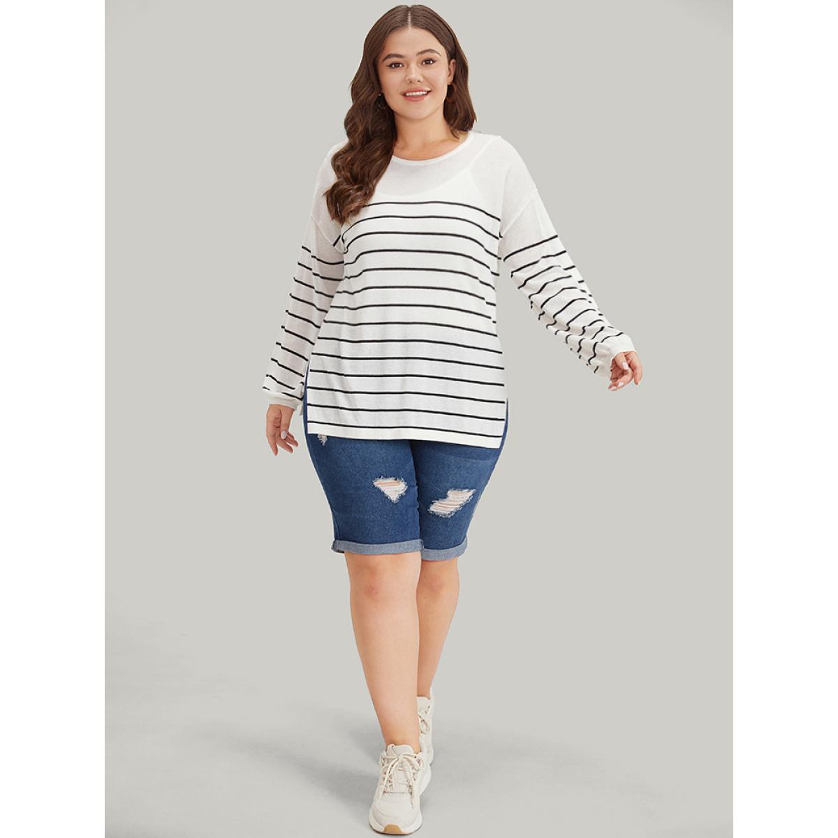 Plus Size Striped Split Side Lightweight Elastic Cuffs Pullover White Women Casual Loose Long Sleeve Round Neck Everyday Pullovers BloomChic 14-16/1X Product Image