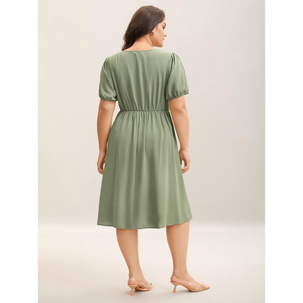 Plus Size Pleated Neckline Cinched-Waist Solid Midi Dress Greenbean Women V-neck Short sleeve Curvy BloomChic 14-16/1X Product Image