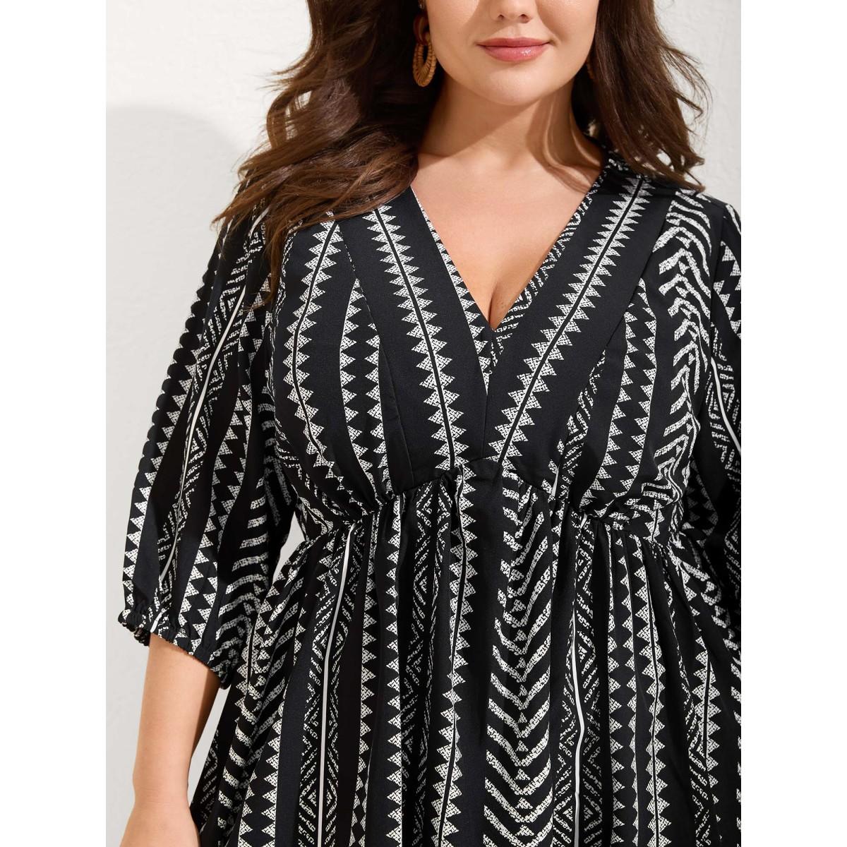 Plus Size Black Bandana Geometric Lantern Sleeve Gathered Blouse Women Boho Elbow-length sleeve V-neck Vacation Blouses BloomChic 30/6X Product Image