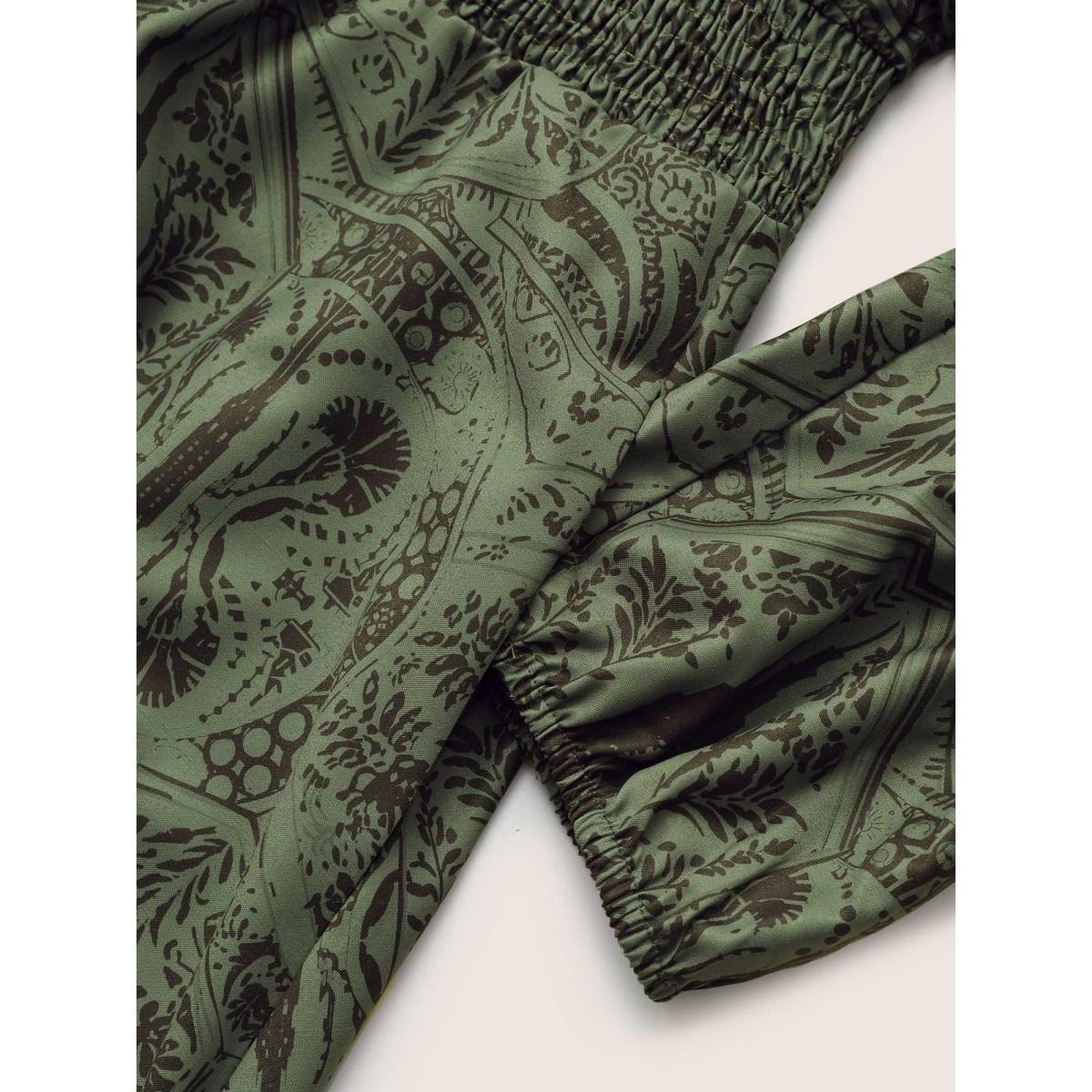 Plus Size Paisley Print Shirred Lantern Sleeve Dress ArmyGreen Women Vacation Elastic cuffs V-neck Elbow-length sleeve Curvy Midi Dress BloomChic 14-16/1X Product Image