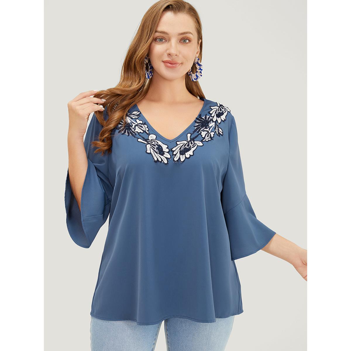 Plus Size Stone Floral Applique Bell Sleeve Blouse Women Elegant Elbow-length sleeve V-neck Dailywear Blouses BloomChic 26/4X Product Image