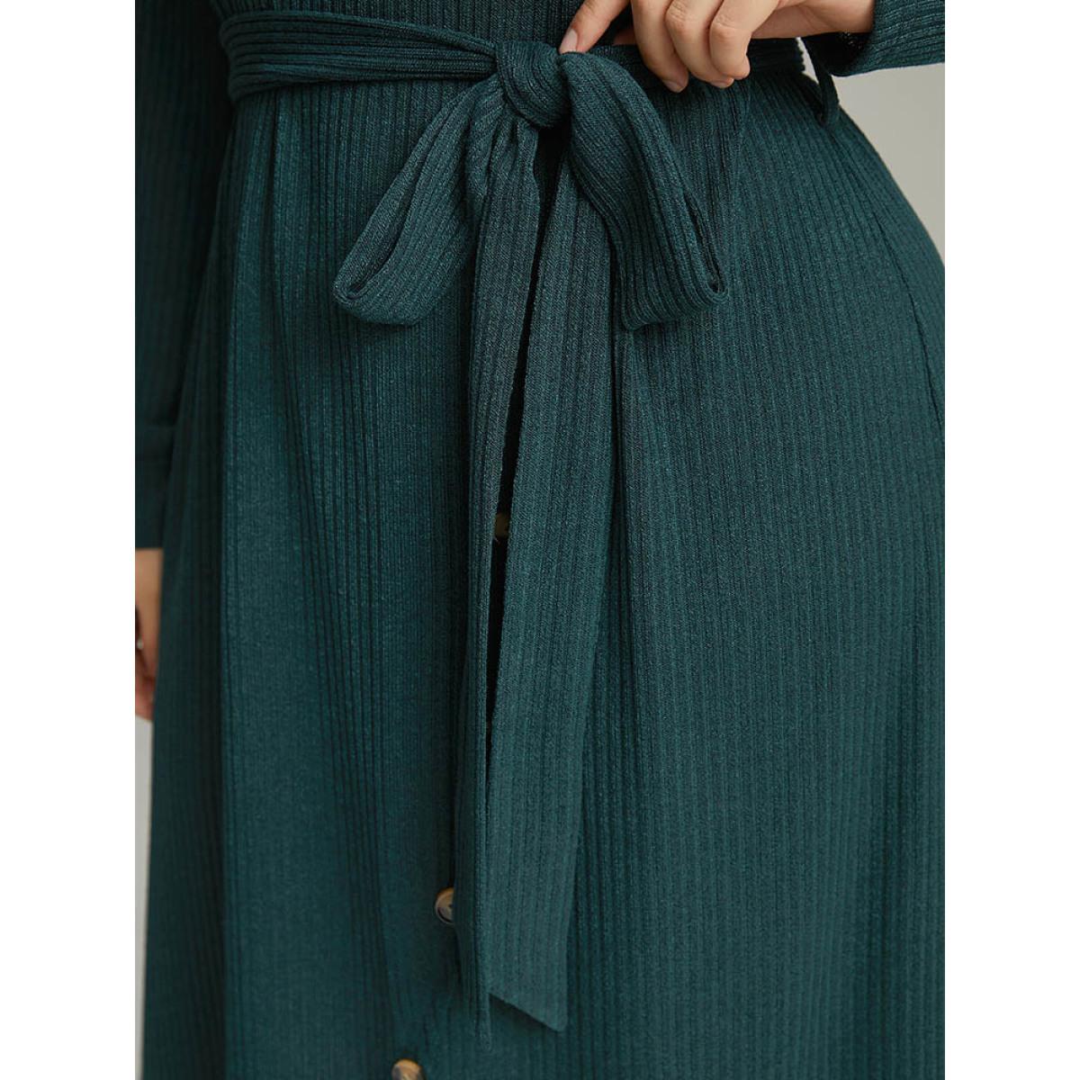 Plus Size Rib Knit Button Detail Belted Wrap Hem Dress Cyan Women Casual Texture V-neck Long Sleeve Curvy Midi Dress BloomChic 14-16/1X Product Image