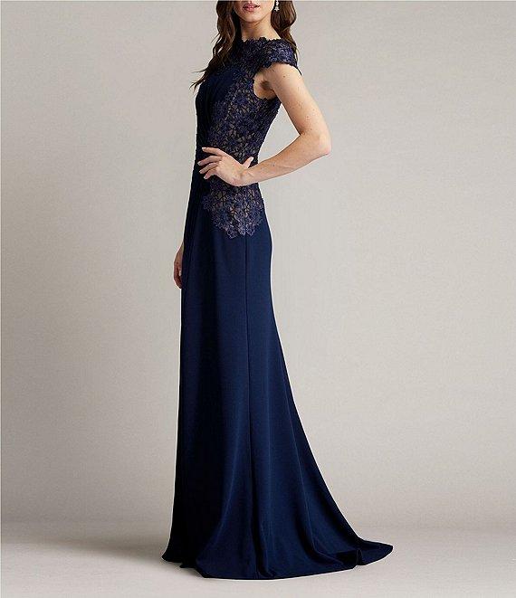 Tadashi Shoji Crepe Floral Embroidered Boat Neck Cap Sleeve Pleated Gown Product Image