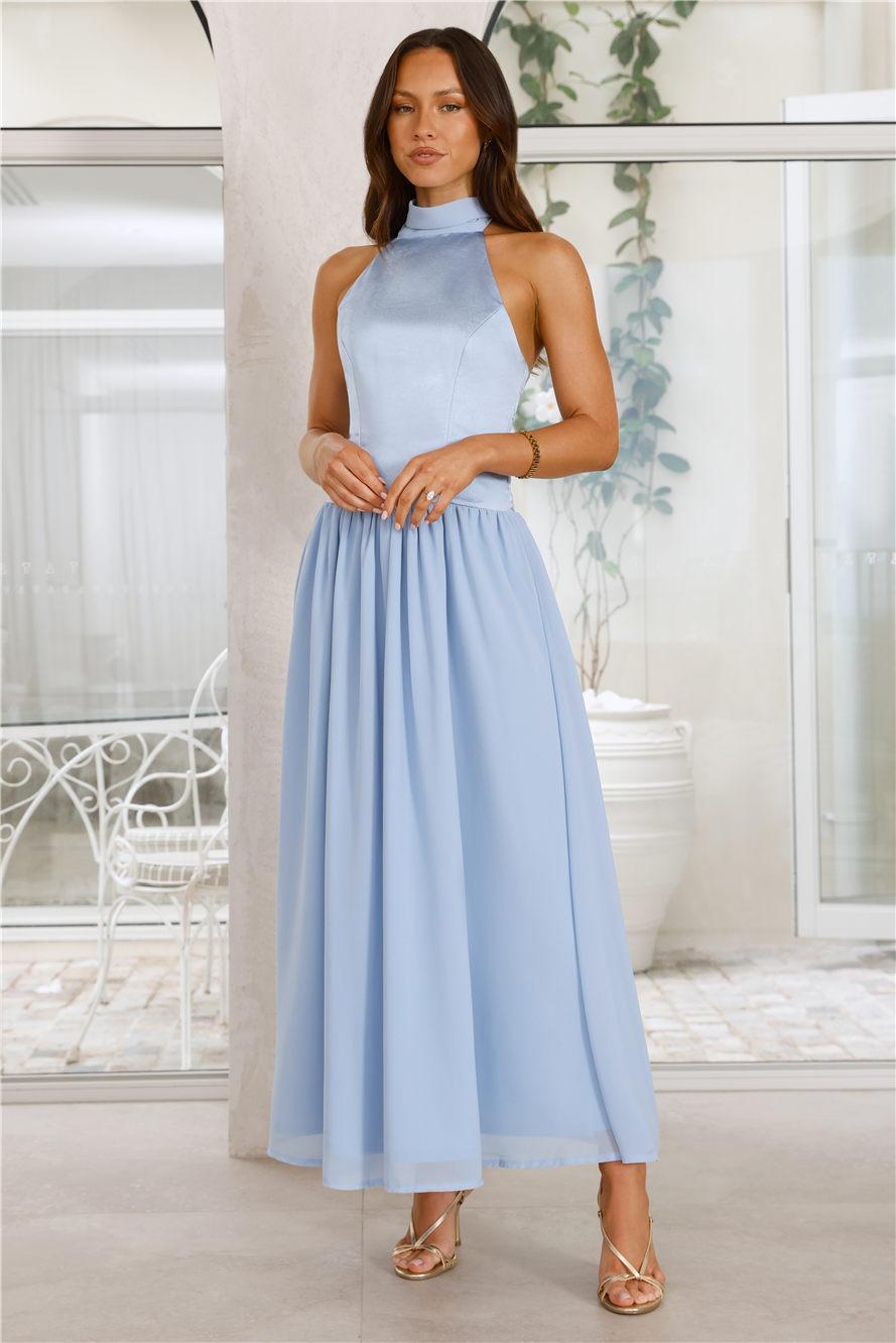 Lovely Magic Satin Halter Maxi Dress Blue Product Image