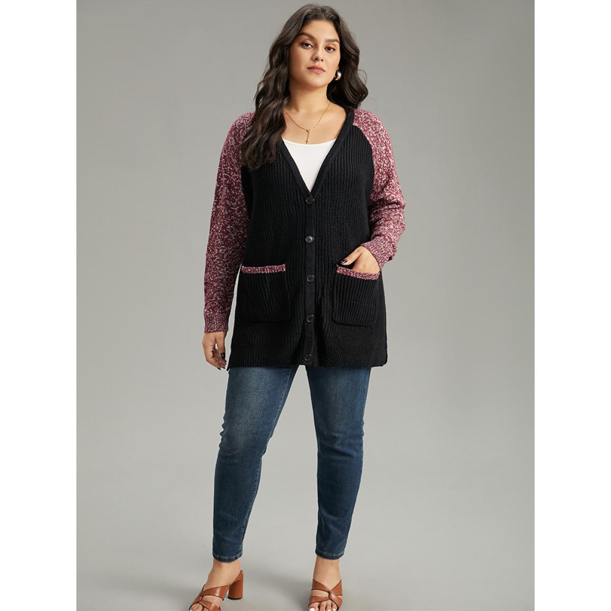 Plus Size Heather Patchwork Raglan Sleeve Pocket Cardigan Black Women Casual Loose Long Sleeve Dailywear Cardigans BloomChic 18-20/2X Product Image