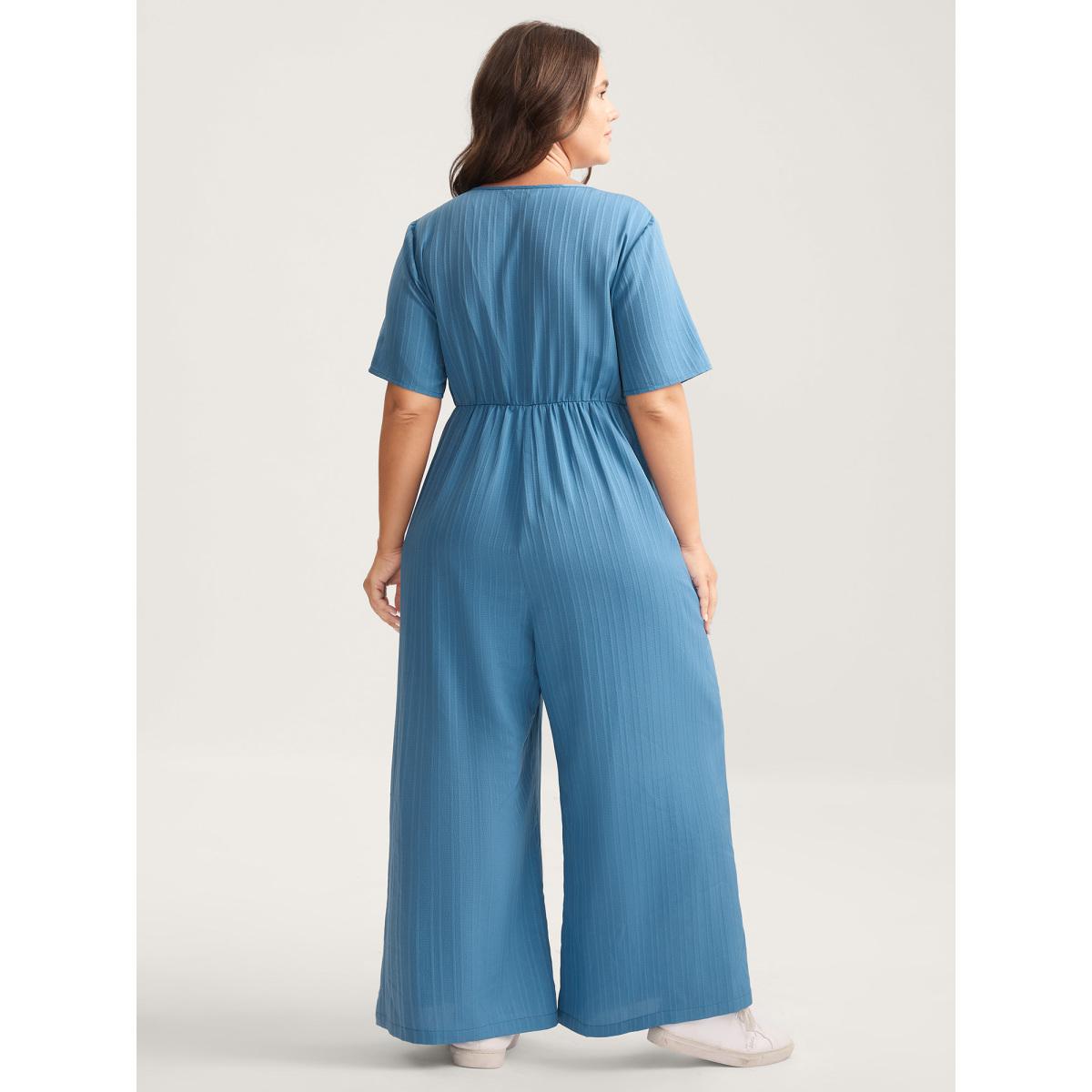 Plus Size DarkBlue Button Detail High Waisted Solid Jumpsuit Women Short sleeve V-neck Everyday-Casual Loose Jumpsuits BloomChic 10/M Product Image