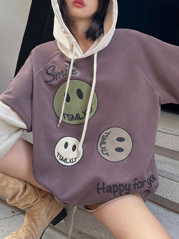 Smiling Print Splice Drawstring Oversized Hoodie Product Image