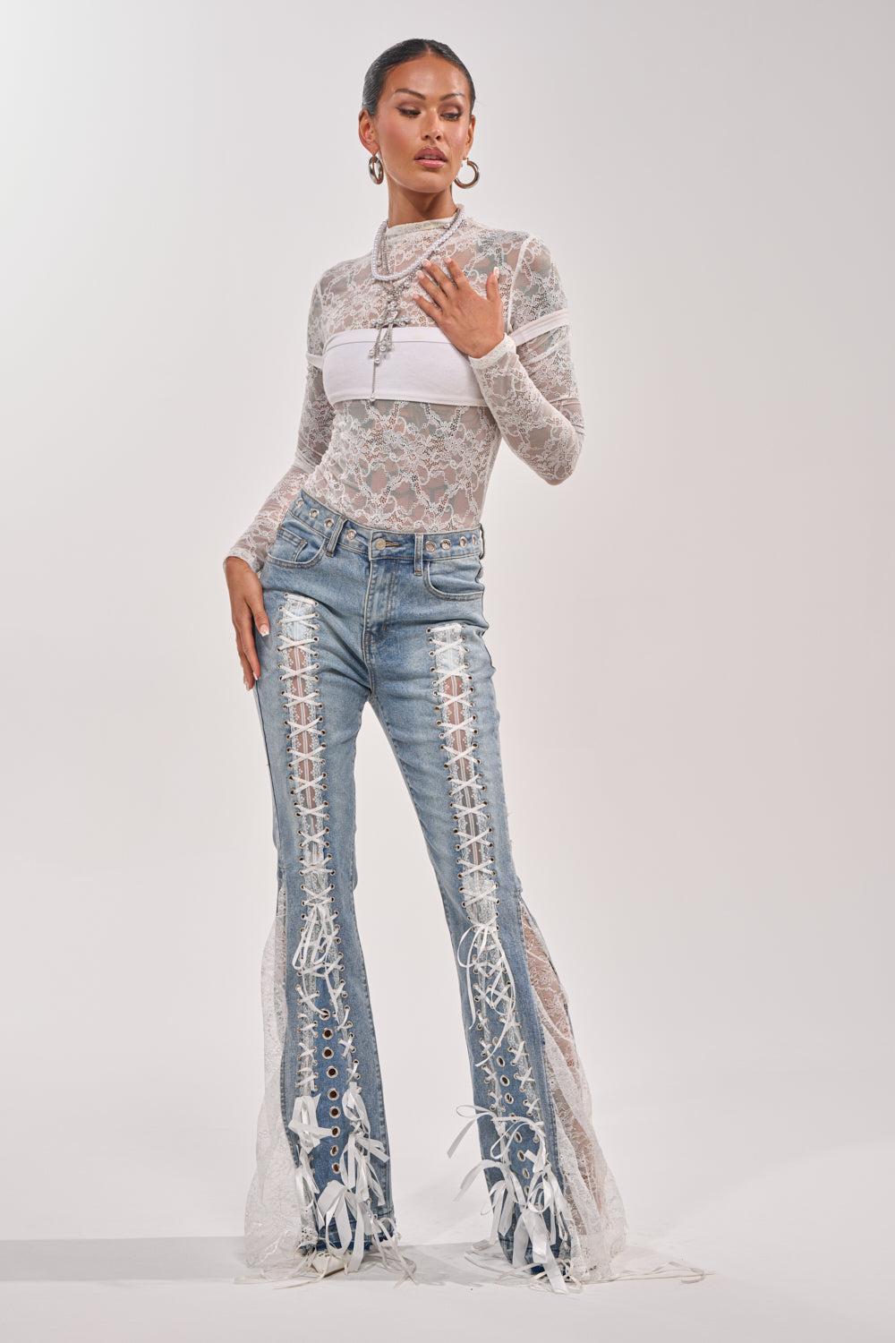 LOVE ME LIKE THAT LACE UP FLARE DENIM Product Image