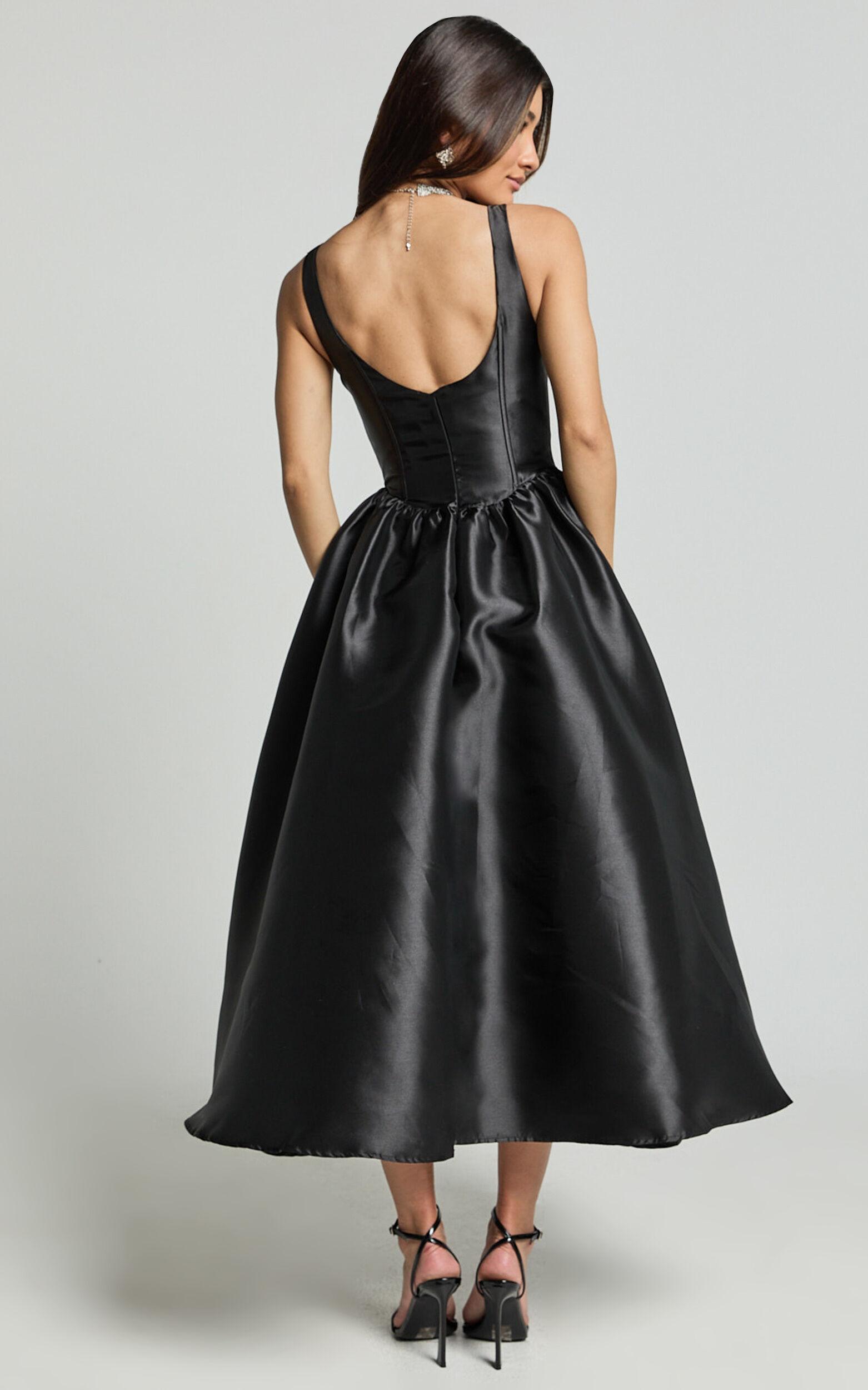 Courtney Midi Dress - Corset Panel Low Back Dress in Black Product Image