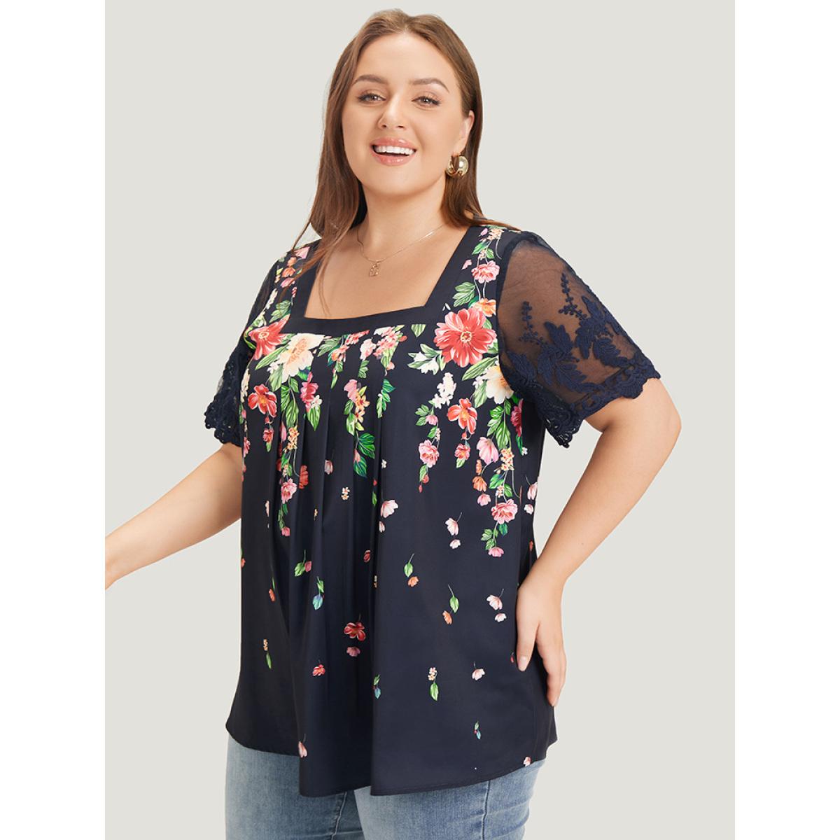 Plus Size Indigo Floral Pleated Mesh Lace Sleeve Square Neck Blouse Women Vacation Short sleeve Square Neck Dailywear Blouses BloomChic 26/4X Product Image