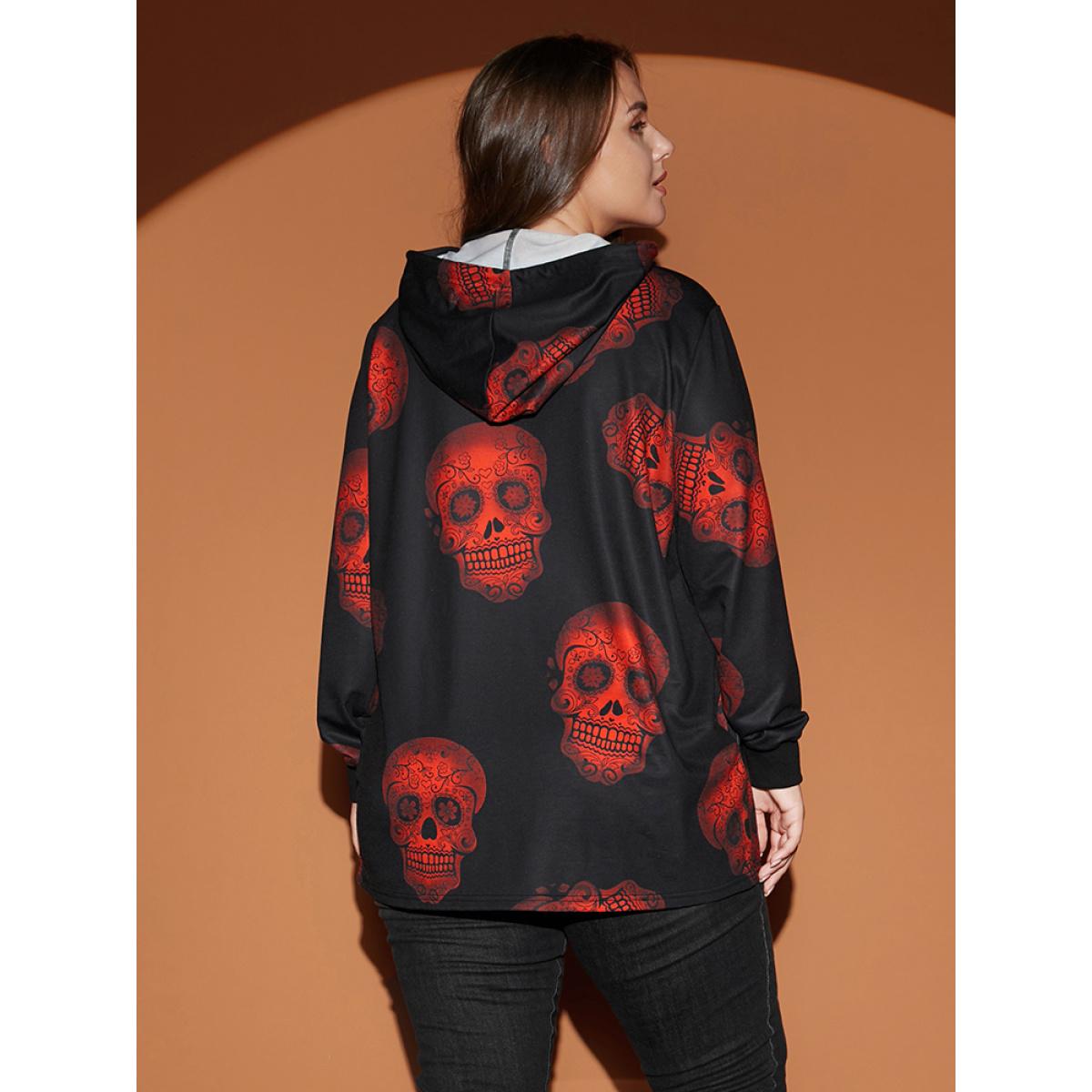 Plus Size Halloween Skull Print Pocket Drawstring Hooded Sweatshirt Women Black Casual Pocket Hooded Dailywear Sweatshirts BloomChic 14-16/1X Product Image