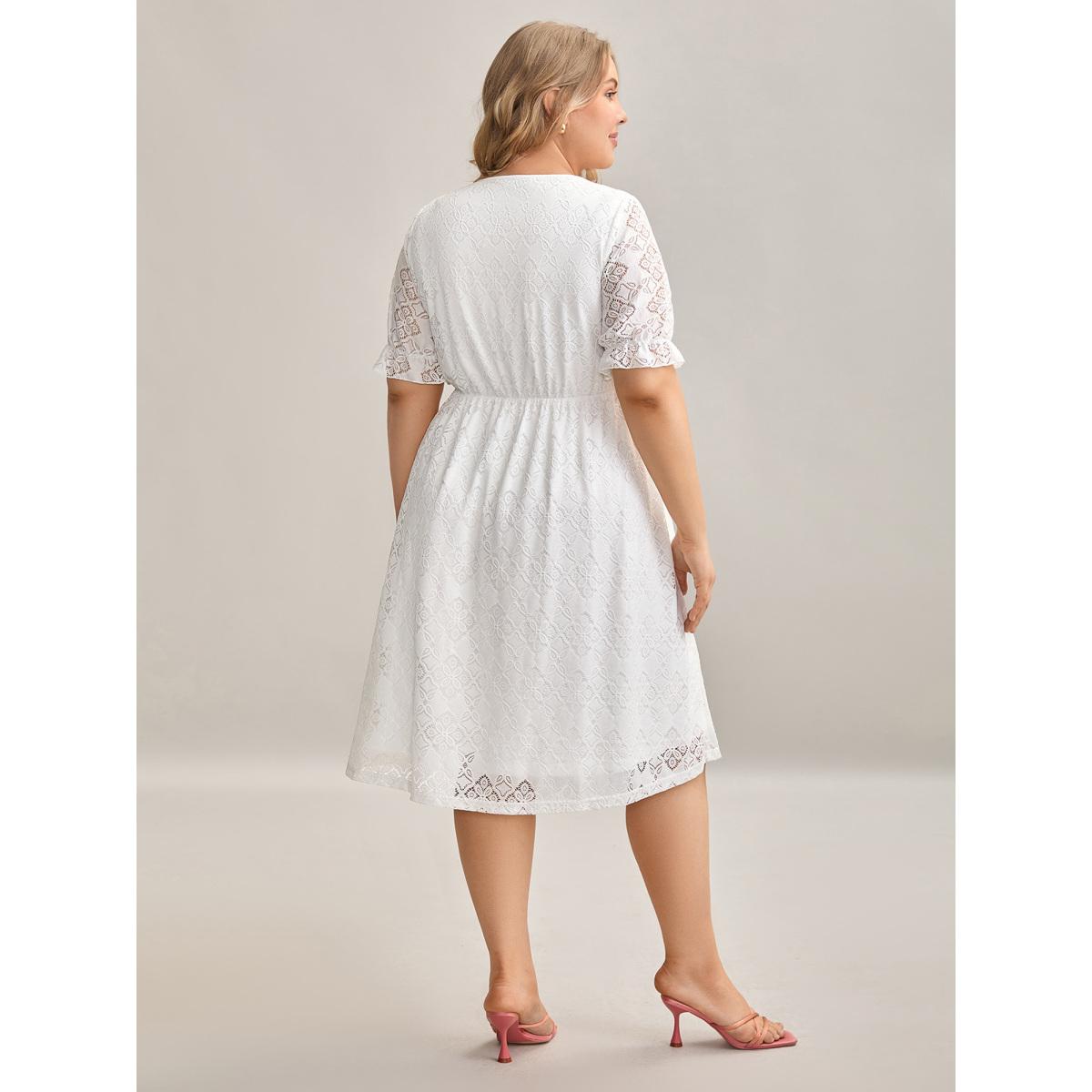 Plus Size Textured Ruffled Sleeve Pockets Midi Dress Ivory Women Elegant Texture Round Neck Short sleeve Curvy BloomChic 30/6X Product Image