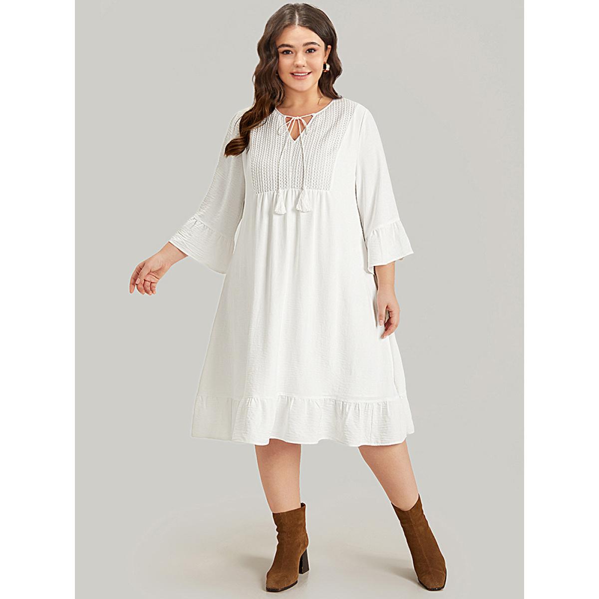 Plus Size Solid Pocket Ties Tassels Bell Sleeve Dress White Women Vacation Texture V-neck Elbow-length sleeve Curvy Midi Dress BloomChic 26/4X Product Image