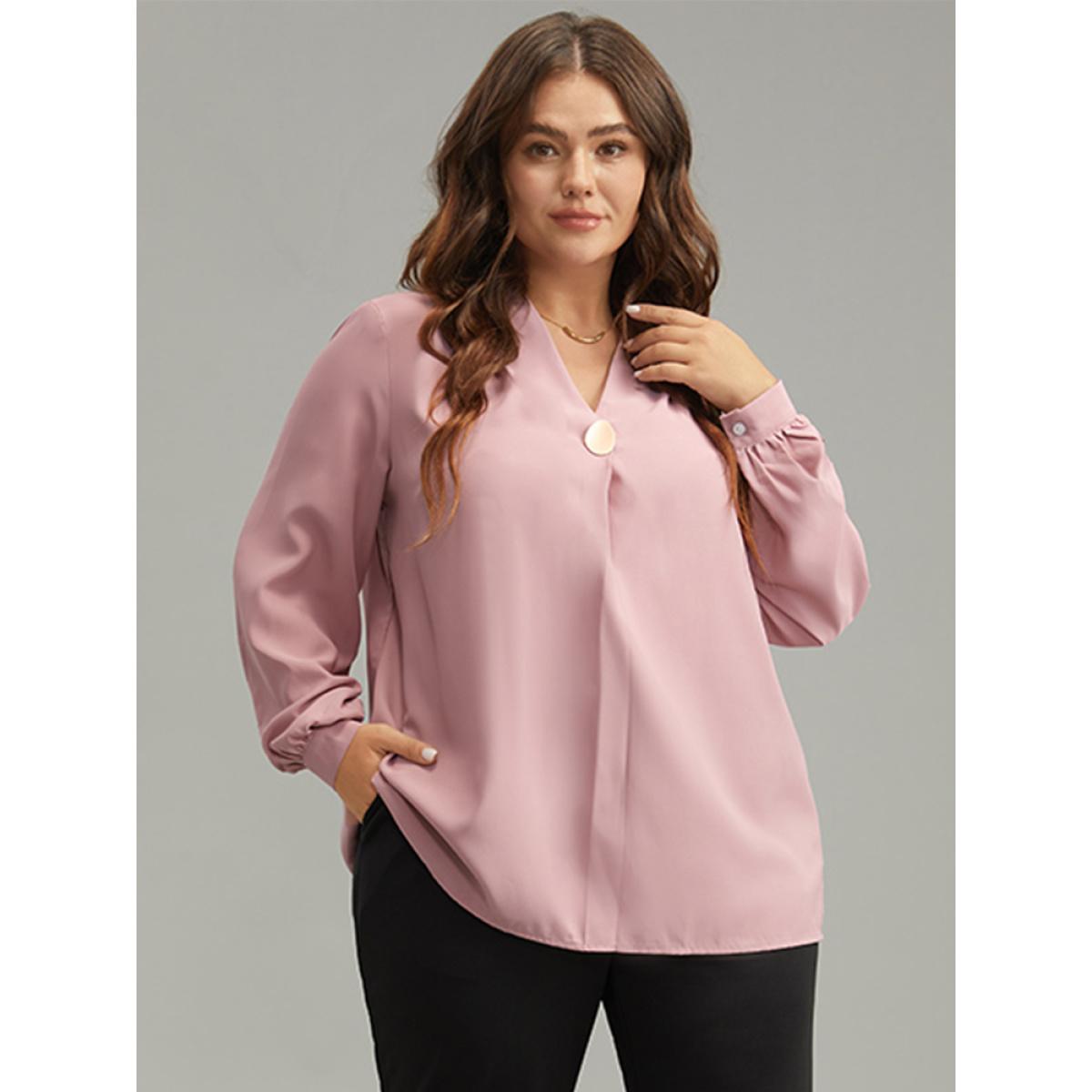 Plus Size DustyPink Plain Buckle Detail Pleated Blouse Women Office Long Sleeve V-neck Office Blouses BloomChic 12/L Product Image