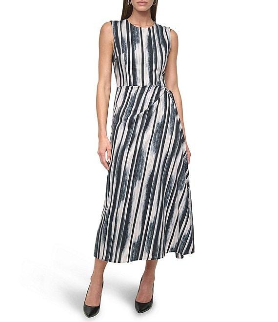 DKNY by Donna Karan Sleeveless Stripe Side Wrap Aline Midi Dress Product Image