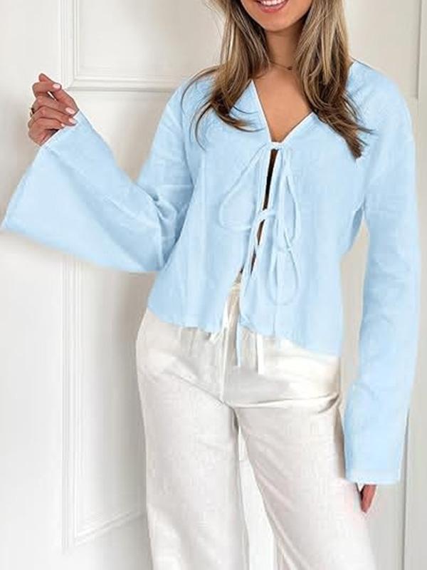 Lace-Up Solid Color V-Neck Blouses&Shirts Tops Product Image