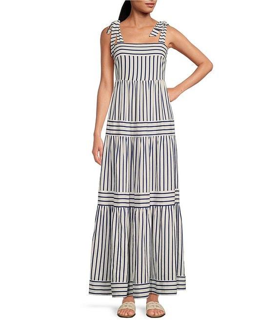 A Loves A Stripe Print Square Neck Tie Strap Tiered A-Line Flounce Maxi Dress Product Image