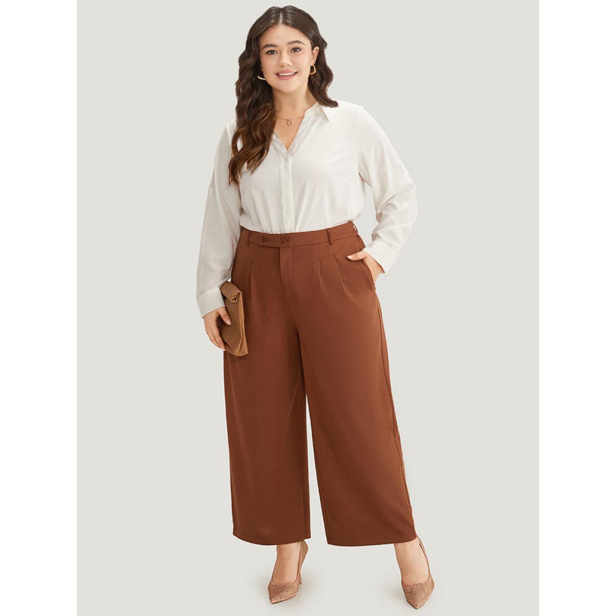 Plus Size Solid Pocket Plicated Detail Pants Women Chocolate Office Straight Leg High Rise Office Pants BloomChic 14-16/1X Product Image