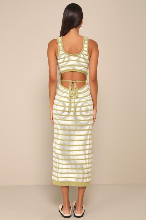 Curated Choice Green and Ivory Striped Cutout Knit Midi Dress Product Image