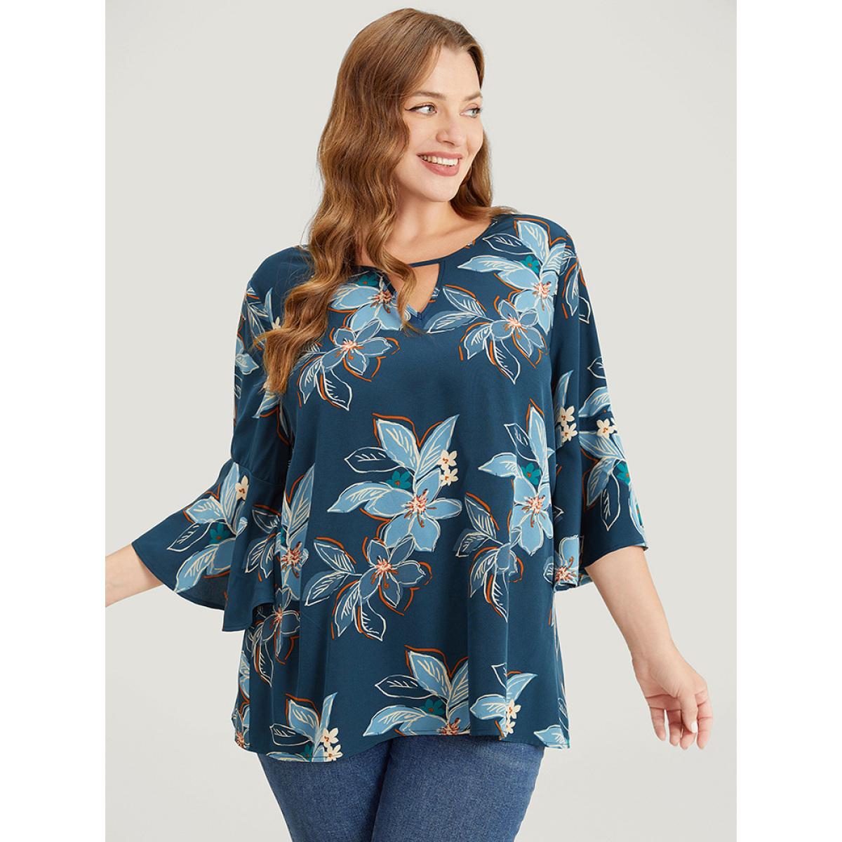 Plus Size Aegean Floral Print Keyhole Neck Split Bell Sleeve Blouse Women Elegant Elbow-length sleeve Round Neck Dailywear Blouses BloomChic 18-20/2X Product Image