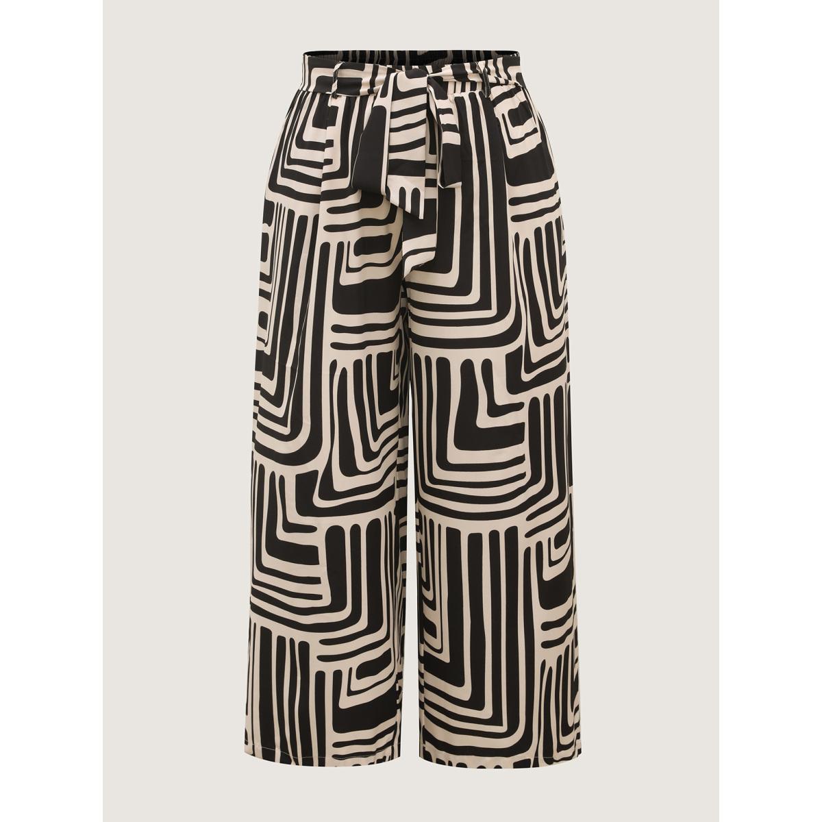 Plus Size Geometric Print Wide-Leg Belted Pants Women Black Loose Mid Rise Work Pants BloomChic 14-16/1X Product Image