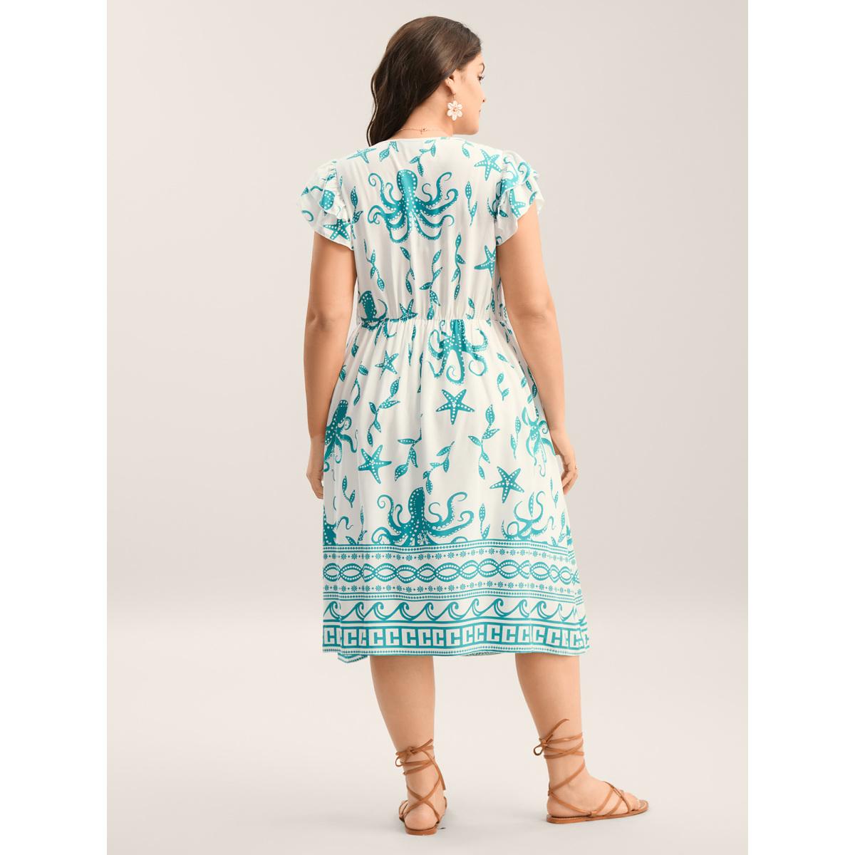 Plus Size Geometric Print V Neck Midi Dress Teal Women V-neck Cap Sleeve Curvy BloomChic 26/4X Product Image
