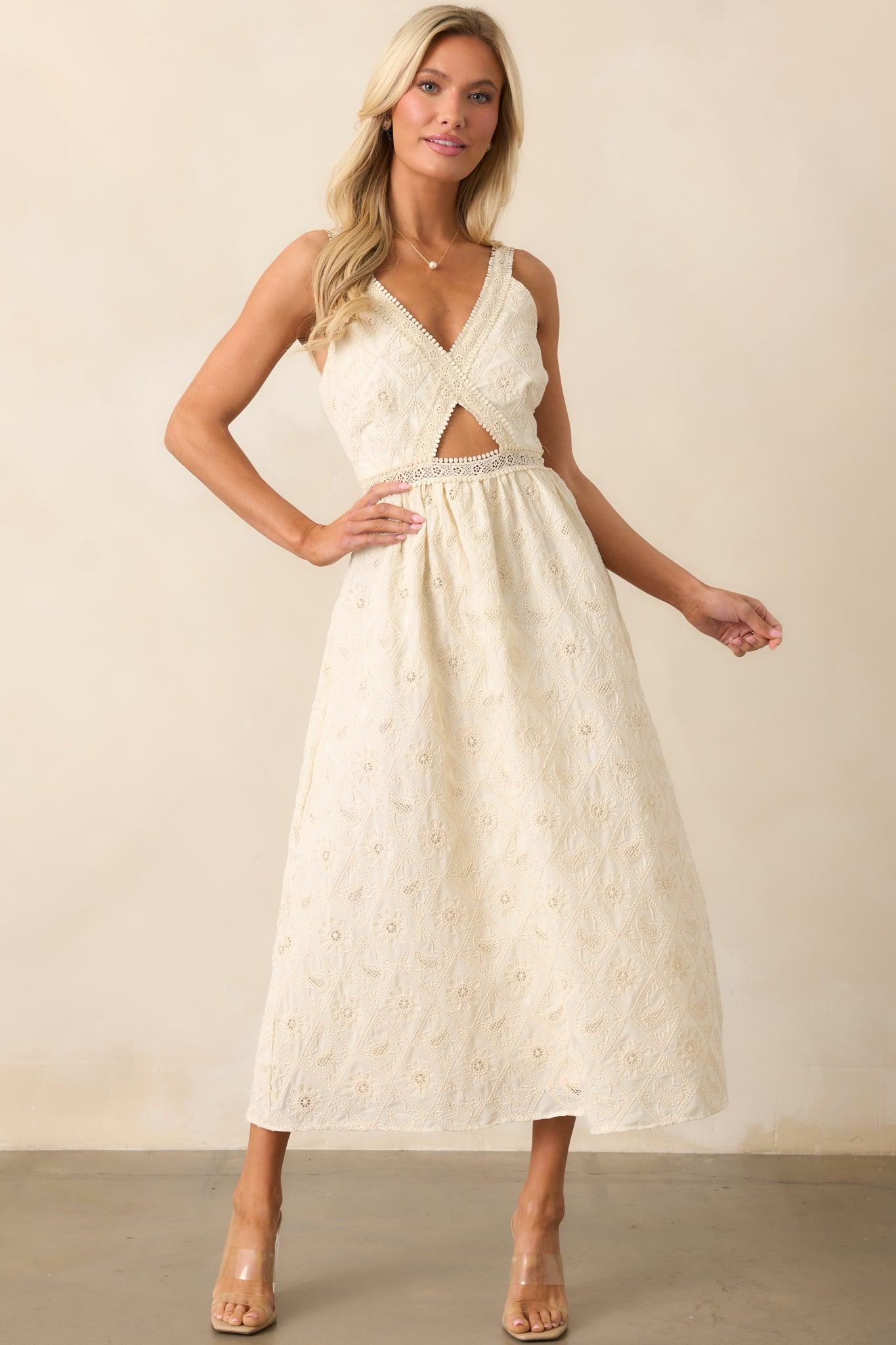 A Touch Of Grace Ivory Embroidered Cutout Midi Dress Product Image