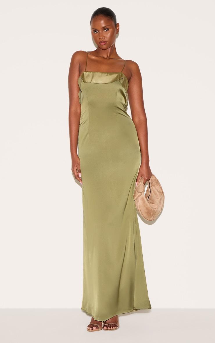 Sage Green Satin Draped Frill Back Detail Maxi Dress Product Image