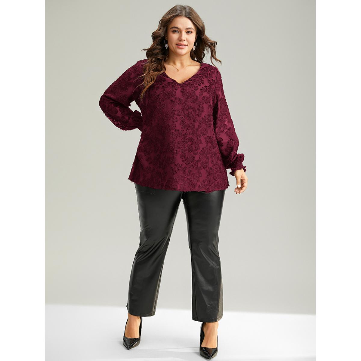 Plus Size Scarlet Plain Appliques Mesh V Neck Shirred Blouse Women Party&Cocktail Long Sleeve V-neck Party Blouses BloomChic 14-16/1X Product Image