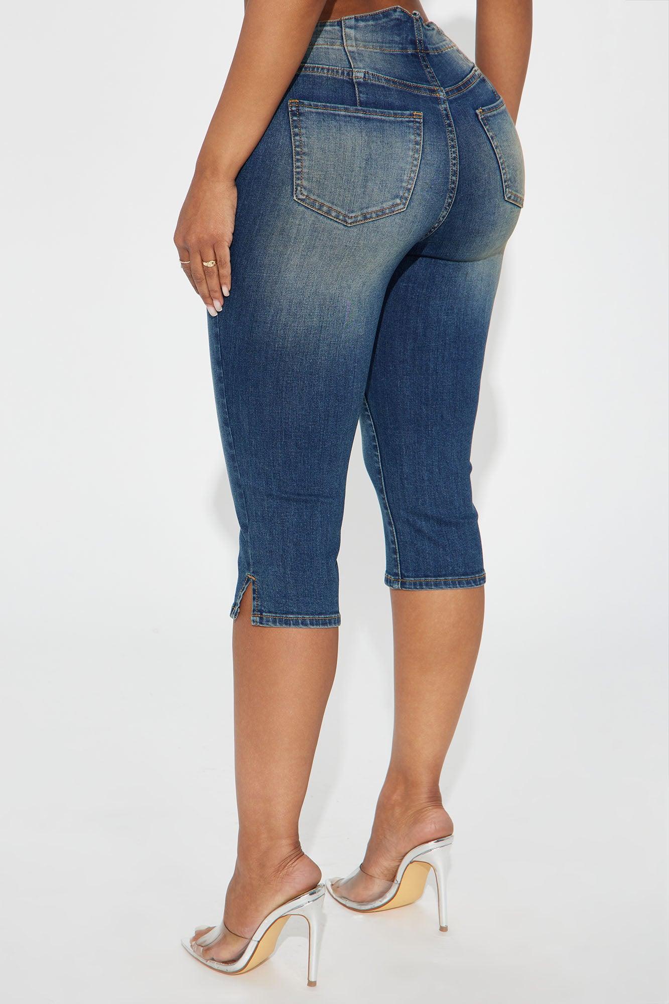 Leveled Up Lace Up Stretch Denim Capris - Dark Wash Product Image
