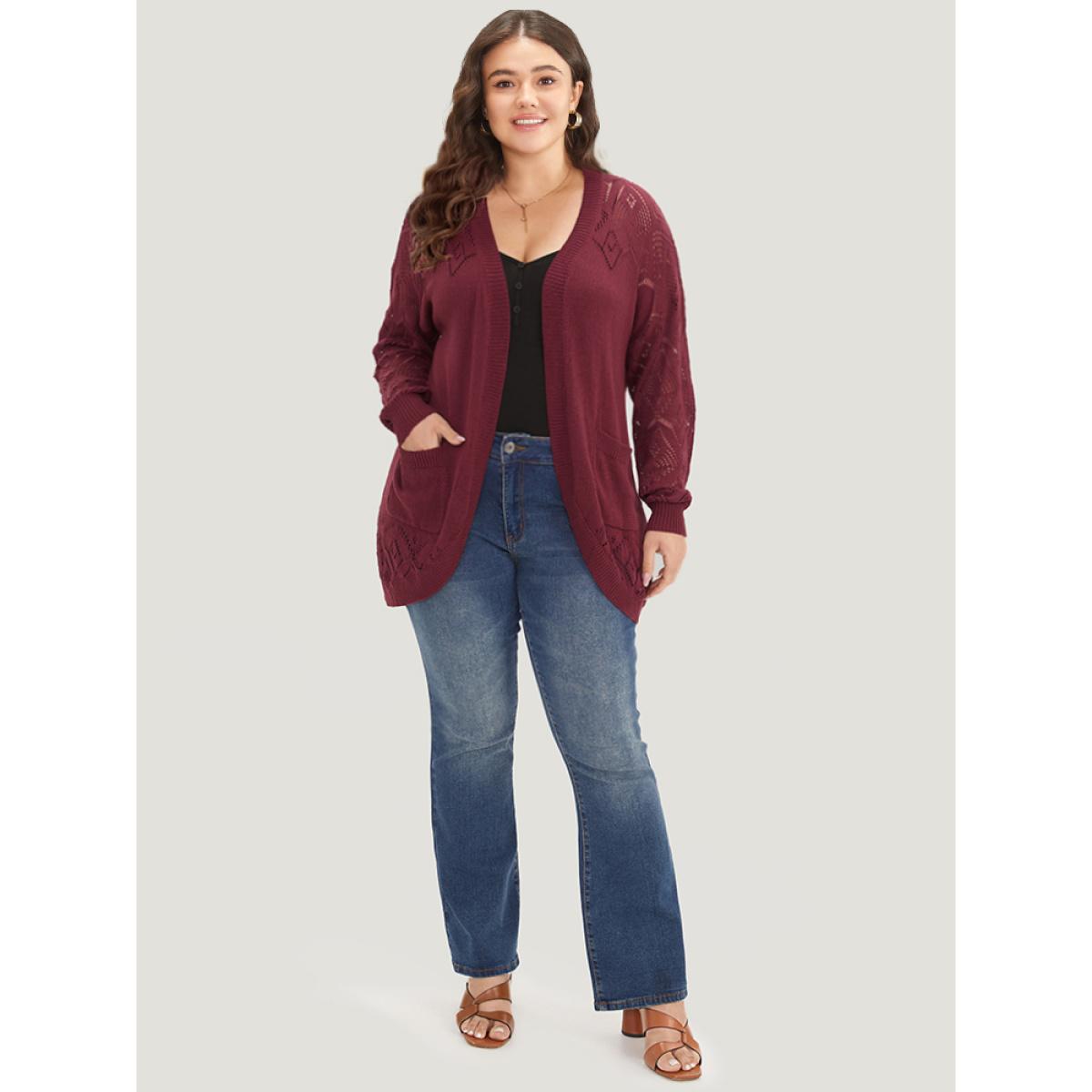 Plus Size Plain Patched Pocket Curved Hem Cardigan Burgundy Women Casual Long Sleeve Dailywear Cardigans BloomChic 28/5X Product Image
