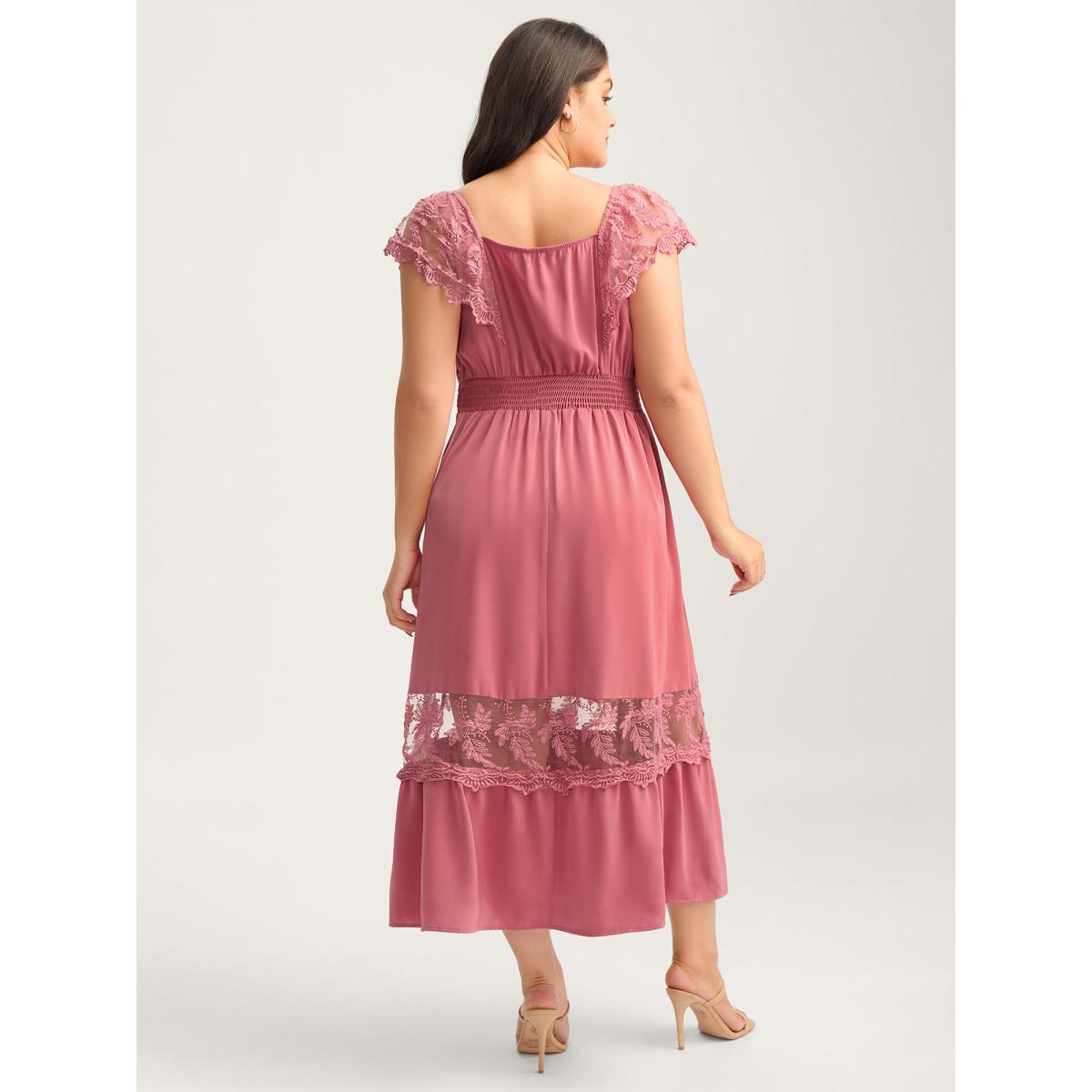 Plus Size Lace Trim Shirred Waist Midi Dress Beanpastepowder Women Square Neck Sleeveless Curvy BloomChic 30/6X Product Image