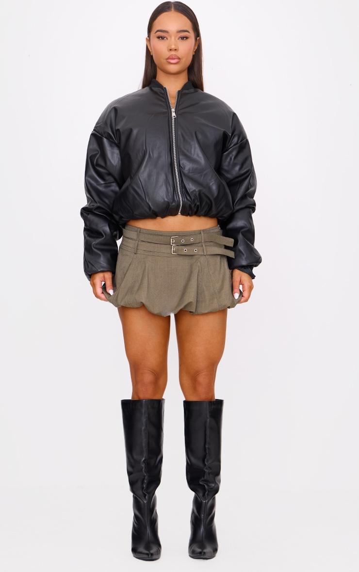 Khaki Double Belt Detail Puffball Mini Skirt Product Image