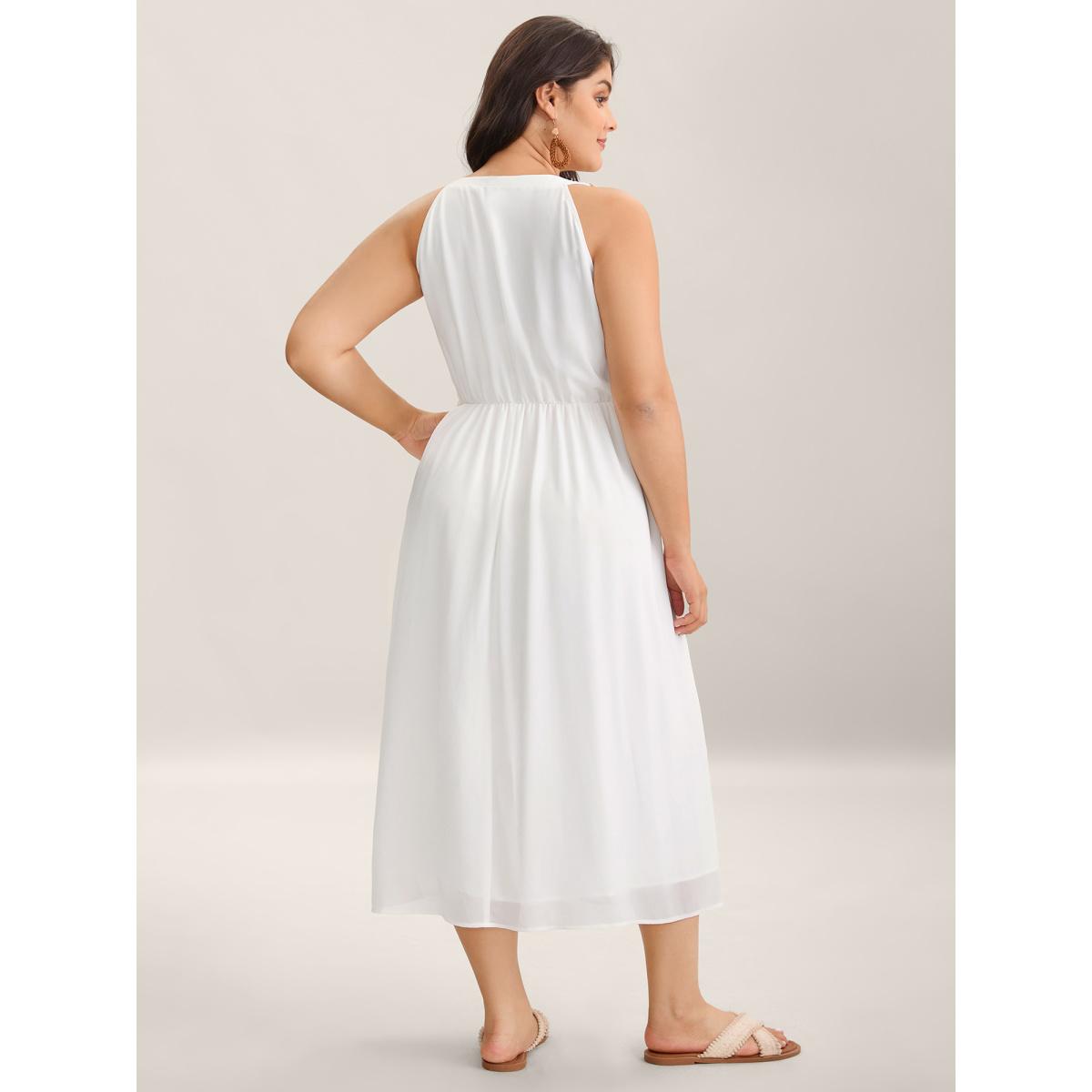 Plus Size Lace Spliced V-Neck Waist-Cinched Midi Dress Beige Women V-neck Sleeveless Curvy BloomChic 30/6X Product Image