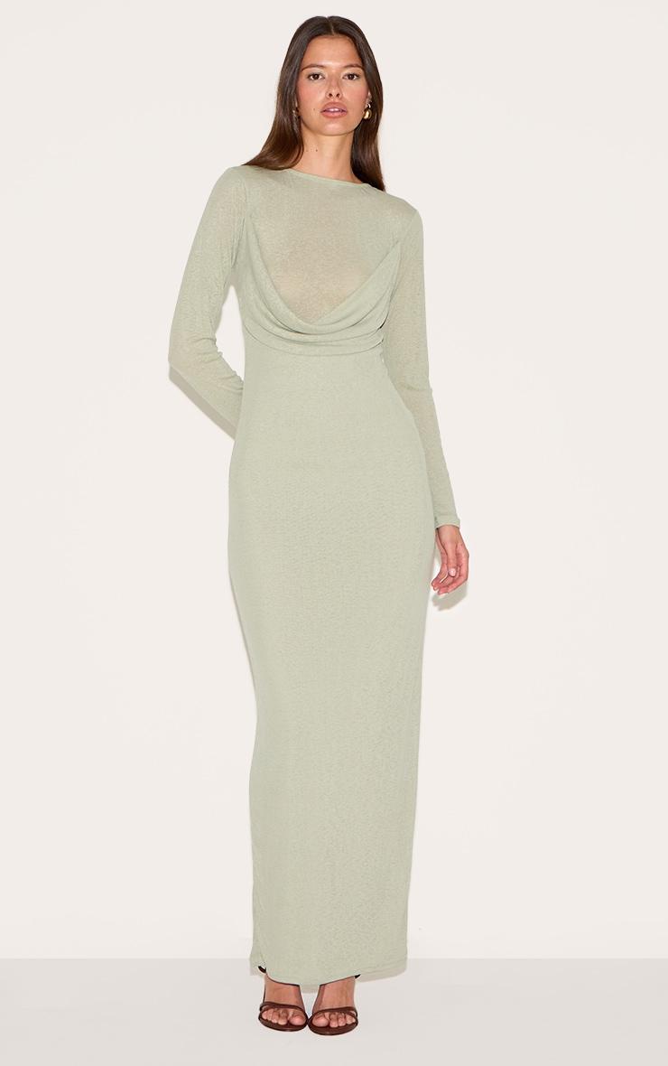 Sage Green Onion Skin Drape Detail Long Sleeve Maxi Dress Product Image