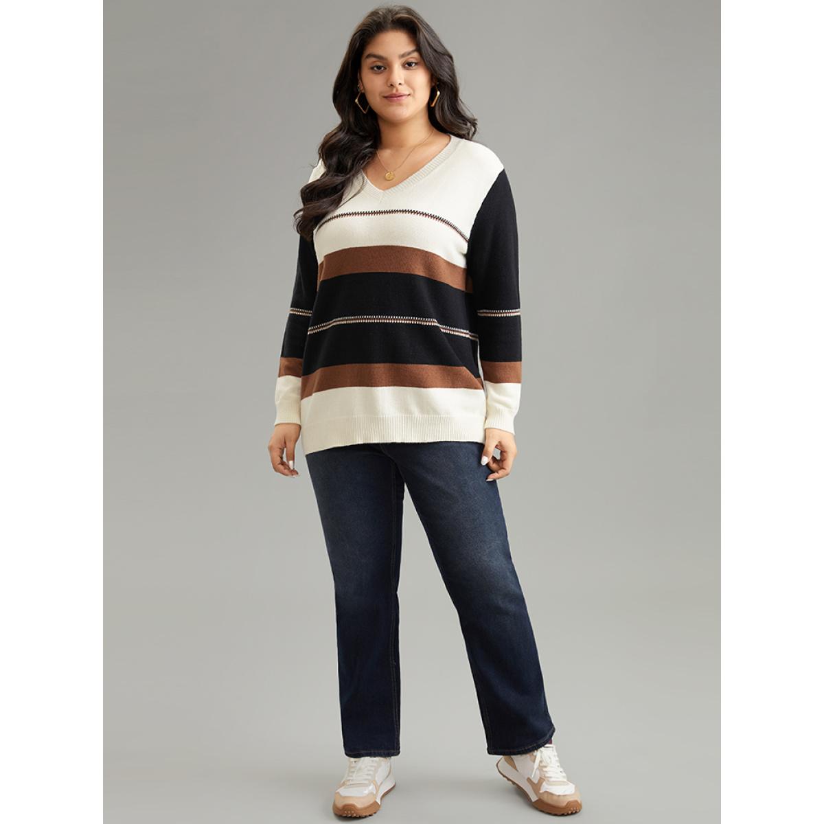 Plus Size Supersoft Essentials Colorblock Very Stretchy Pullover Multicolor Women Casual Loose Long Sleeve V-neck Dailywear Pullovers BloomChic 14-16/1X Product Image