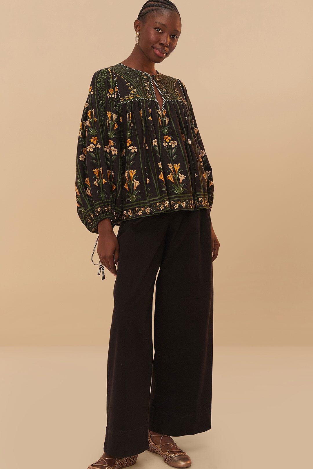 Black Twill Belted Wide Pants Product Image