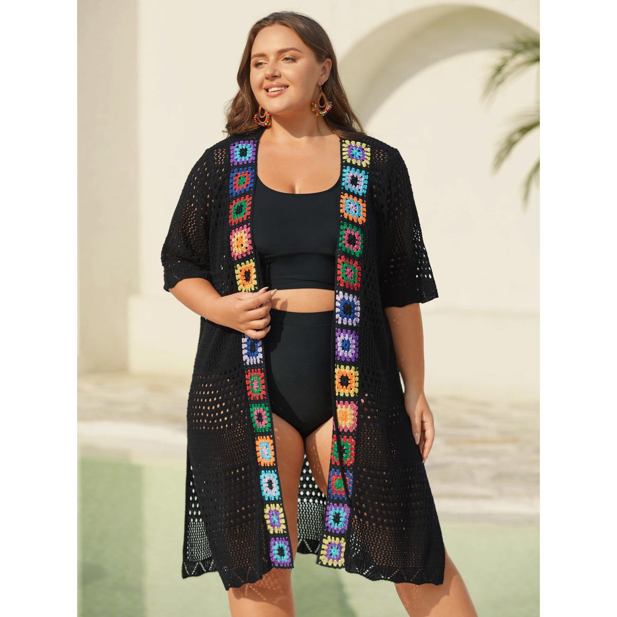 Plus Size Crocheted Cut-Out Tied Swim Cover-Up Women's Swimwear Black Beach Loose Texture Curve Swim Cover Ups BloomChic 28/5X Product Image