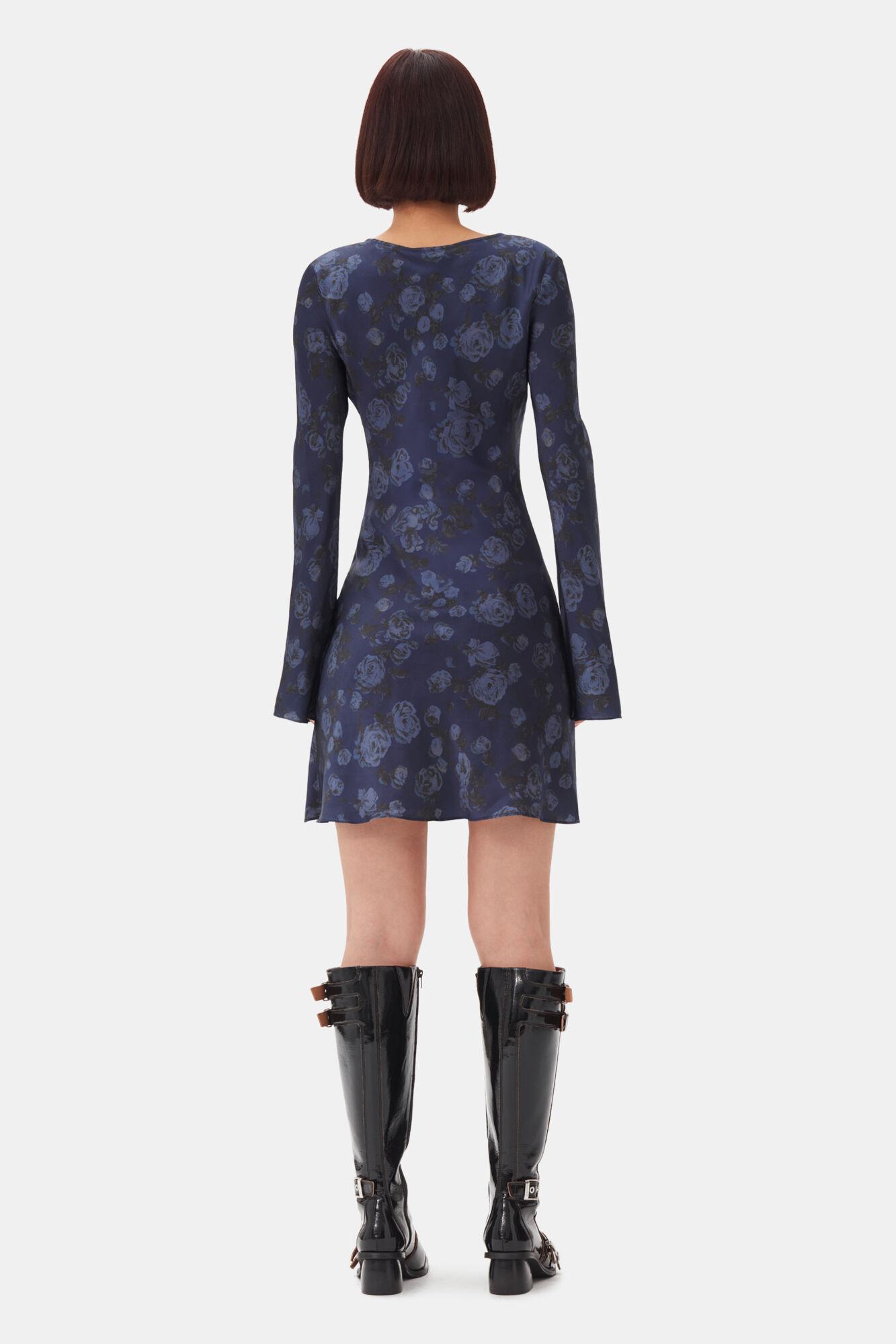 Dark Blue Floral Printed Mini Dress Product Image