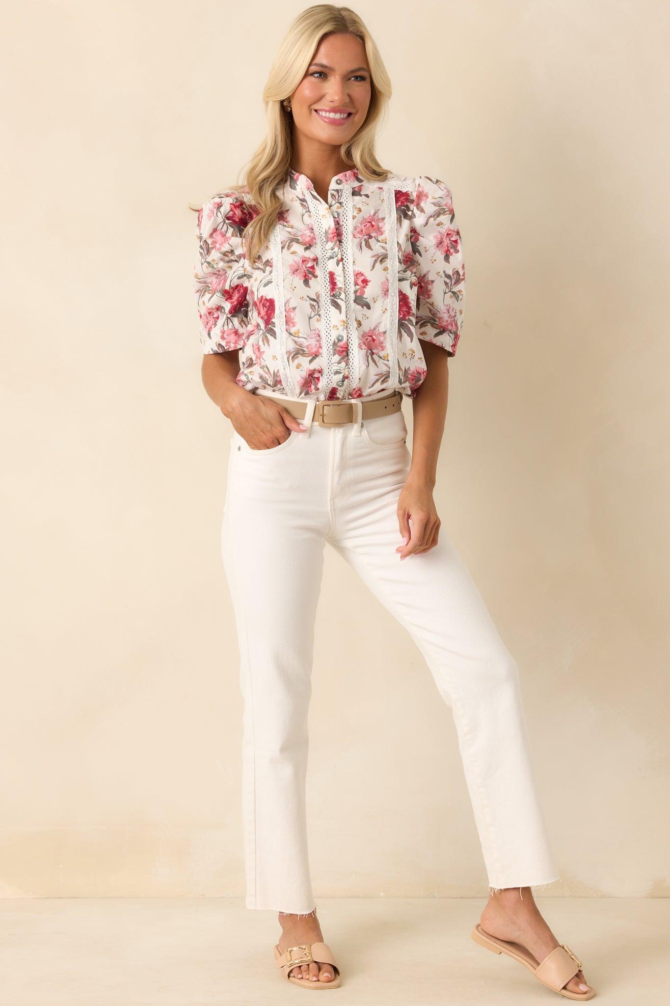 On Your Mind Pink Multi Floral Print Cotton Button Front Top L / White Product Image