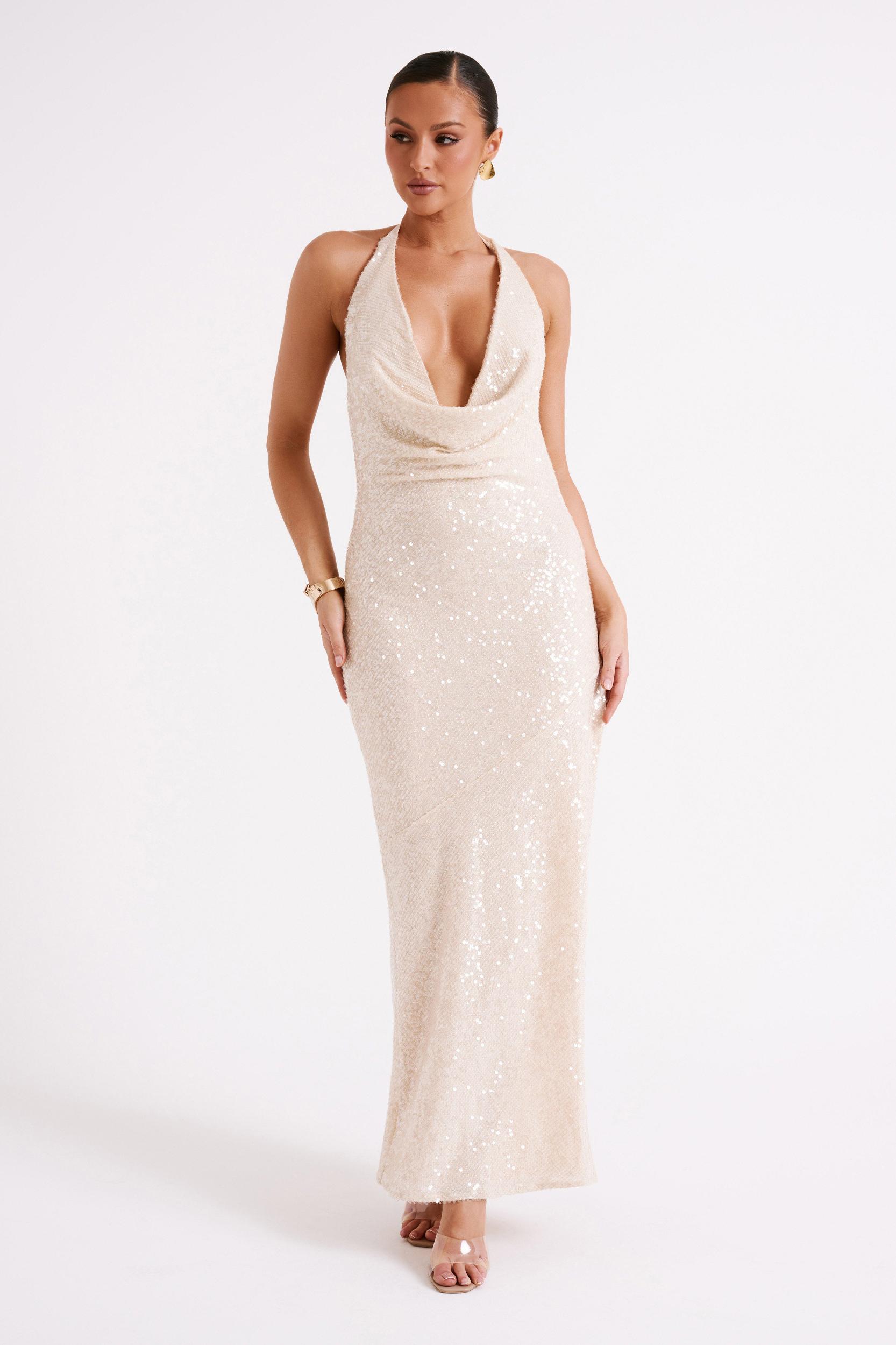 Blakely Halter Sequin Maxi Dress - Cream Product Image