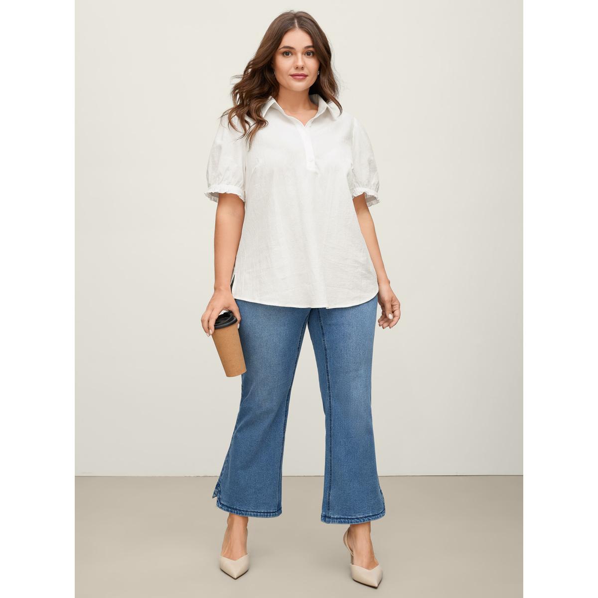 Plus Size Originalwhite Pure Cotton Ruffled Puffy Sleeve Blouse Women Office Short sleeve Shirt collar Office Blouses BloomChic 26/4X Product Image