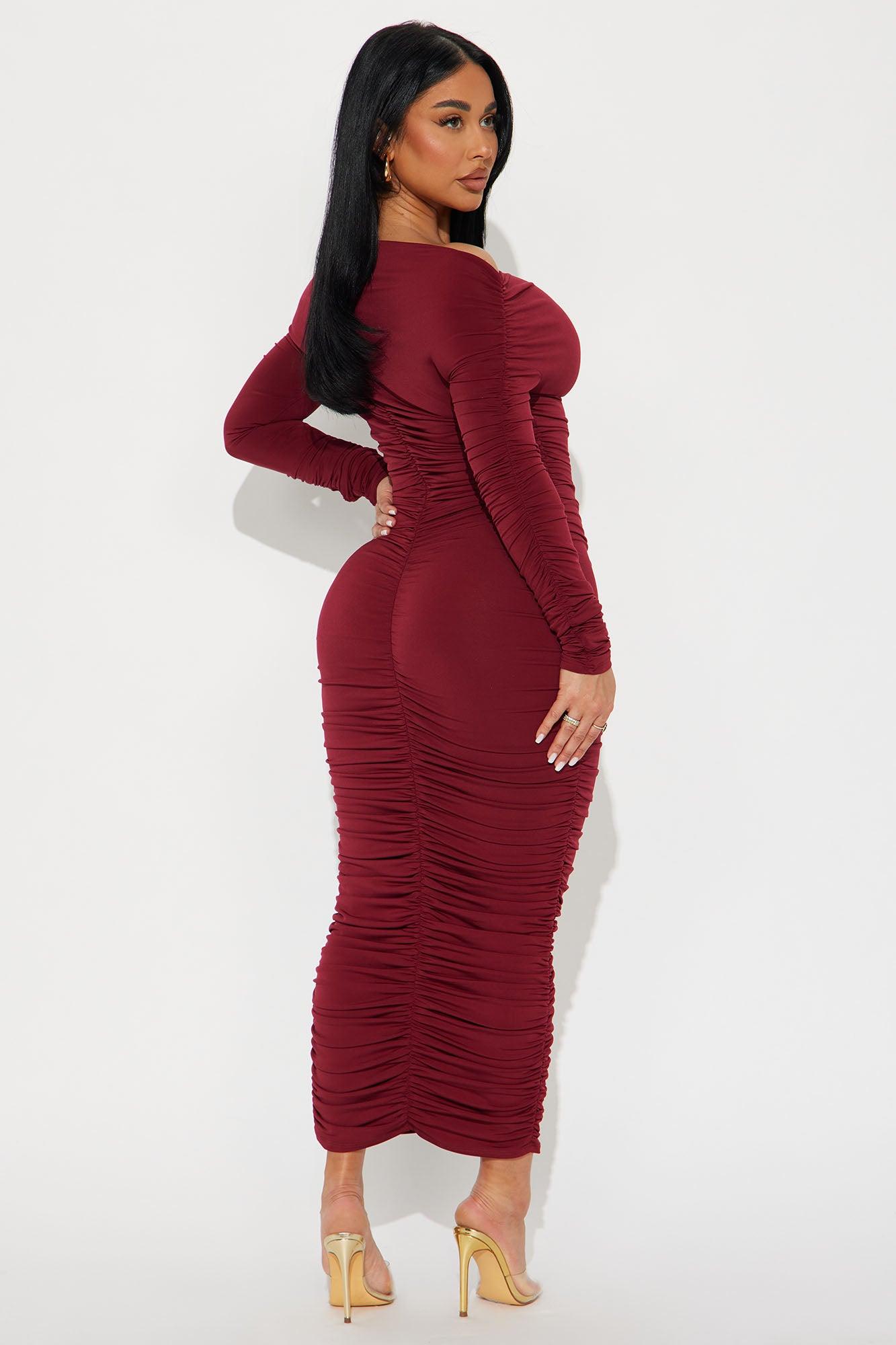 Kasi Ruched Midi Dress - Burgundy Product Image